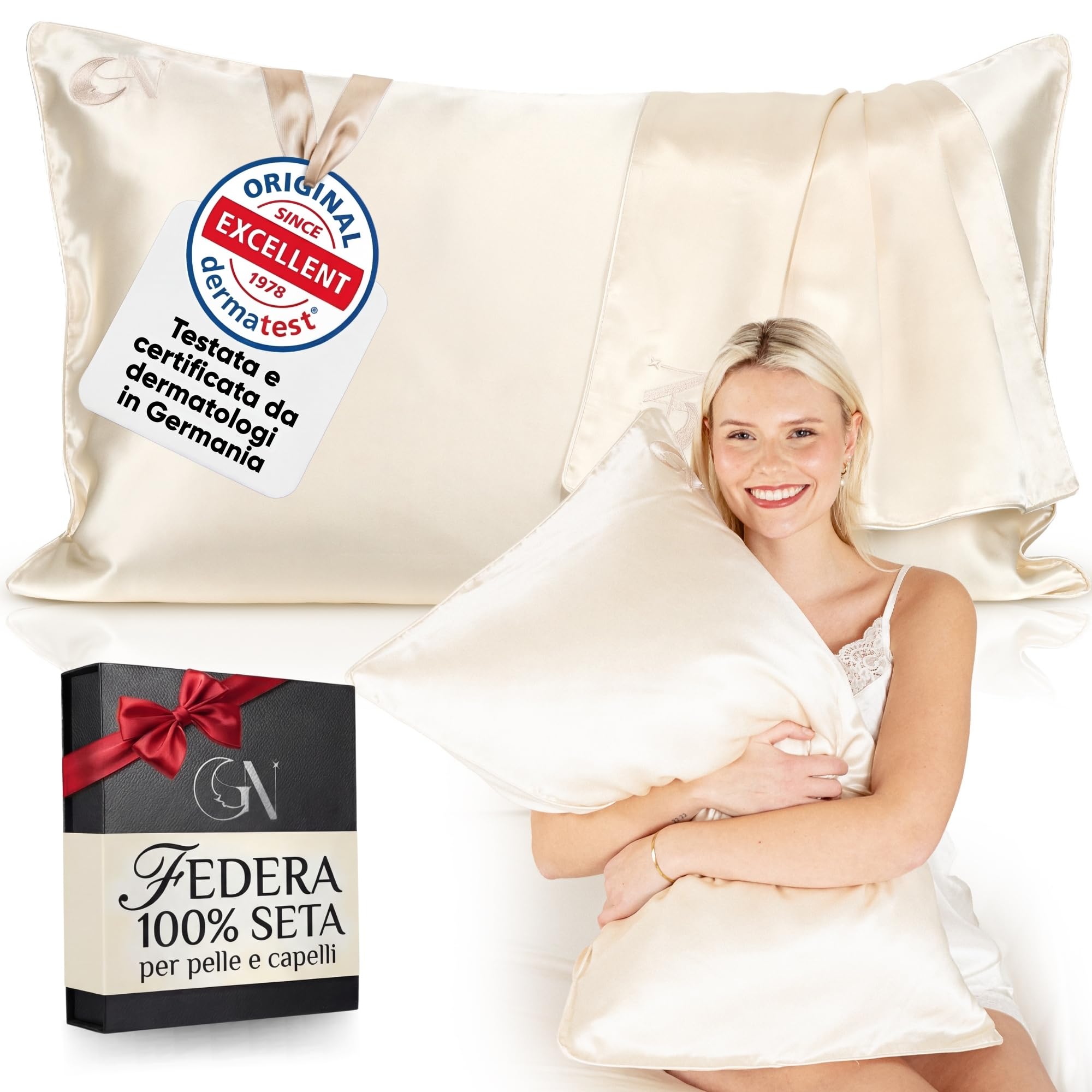 Federa Seta Cuscino 50x80 Certificata da Dermatologi per Pelle e Capelli | Federa in seta per capelli | Massima qualitá 6A, 22 momme | Silk pillowcase (Light Champagne - Bordino Light Champagne)