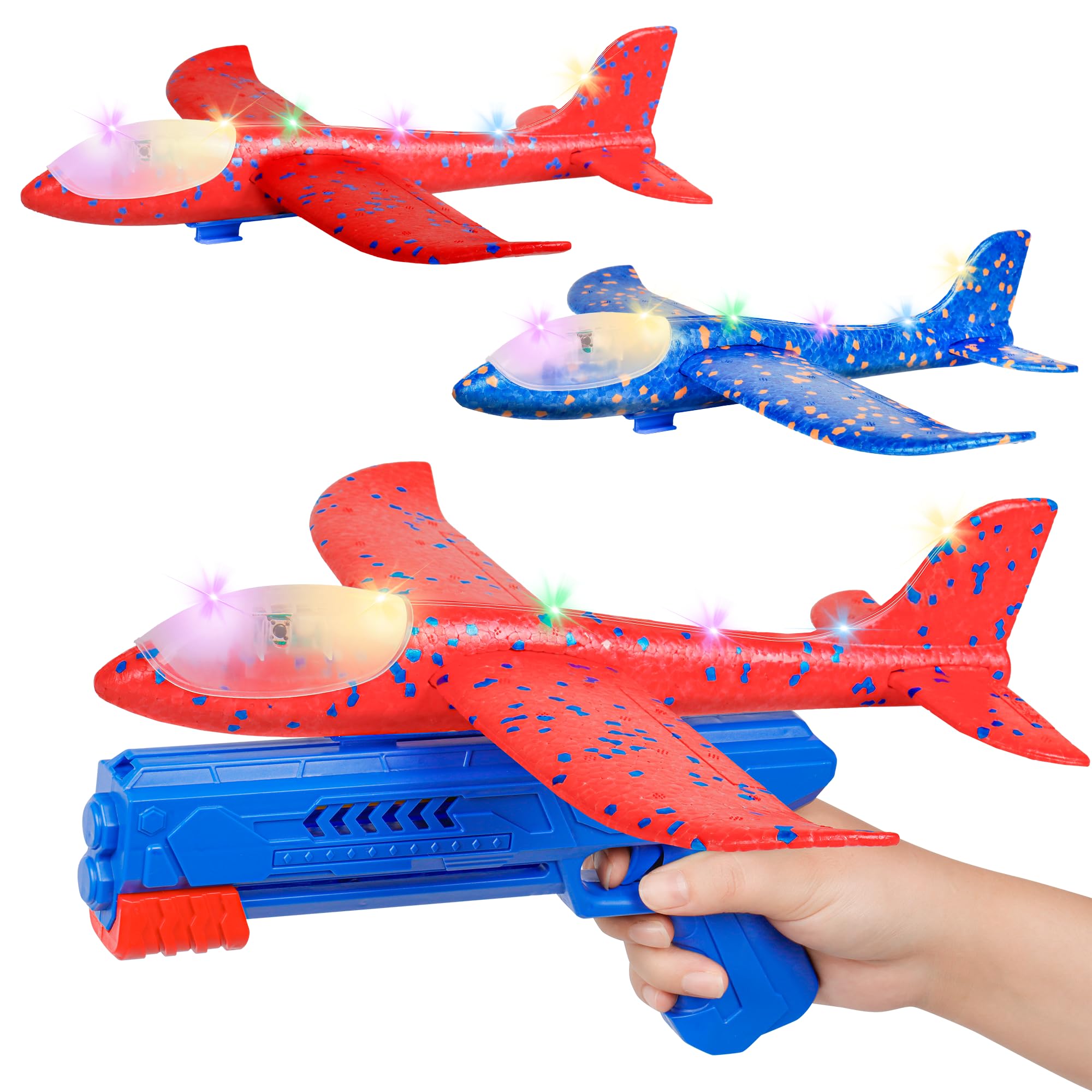 3 Avions Planeurs Enfant, Avion Jouet en Mousse avec LED & Lanceur, Planeur Extérieur Jusqu’à 15m, Jouet Enfant 3-12 Ans, Cadeau Garçon Fille