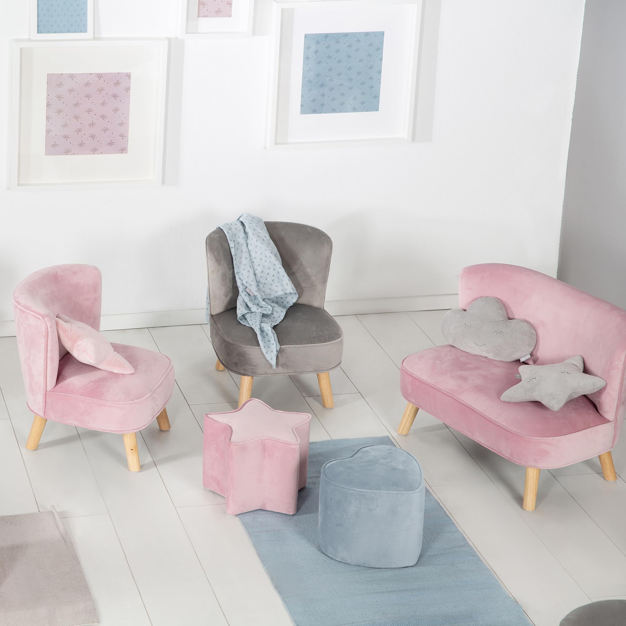 roba Pouf per Bambini a forma di Cuore Lil Sofa - Rivestito in Velluto - con Contenitore - Multifunzione -Arredamento per Bambini - per la Cameretta - dai 18 Mesi - Azzurro