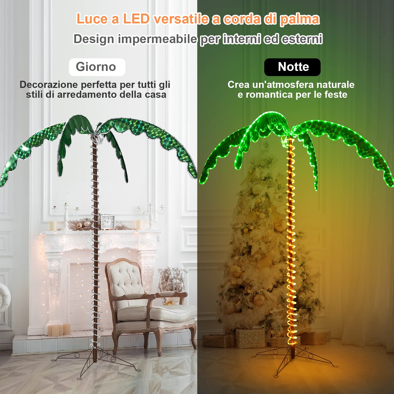 COSTWAY Palma Tropicale con Luci LED 136/168 cm, Illuminazione Esterna con Forma di Palma, con Base Pieghevole, Palma Realistica Decorativa per Feste e Esterno (168cm)