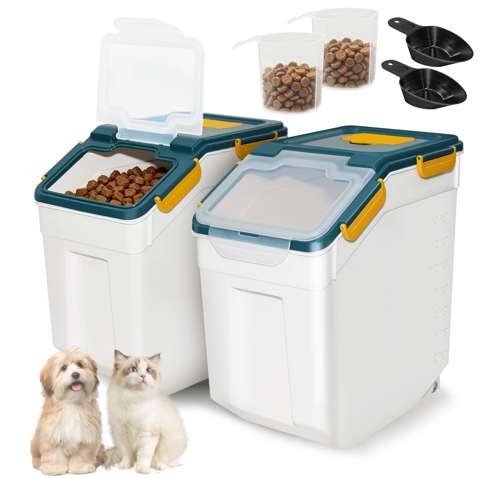 Airtight Pet Food Storage Container Total 25kg, 2 Pack PE Bins with Scoops