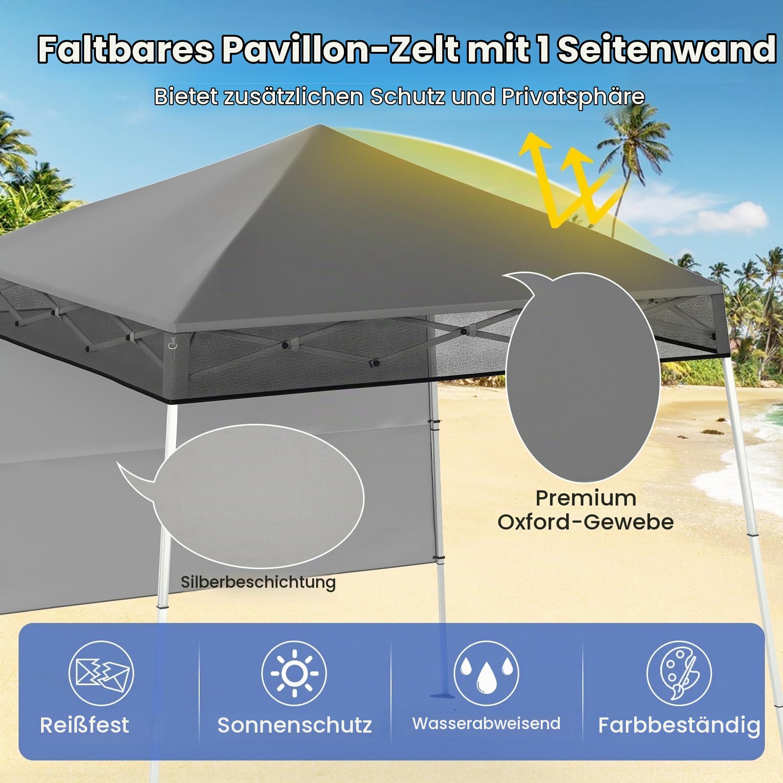 FANTASK Partyzelt, Gartenzelt Höhenverstellbar mit Seitenwand & Bodenhaken, Wasserdicht & Sonnenschutz, 2x2 m Pop up Faltpavillon mit Tasche für Garten & Party (Grau)