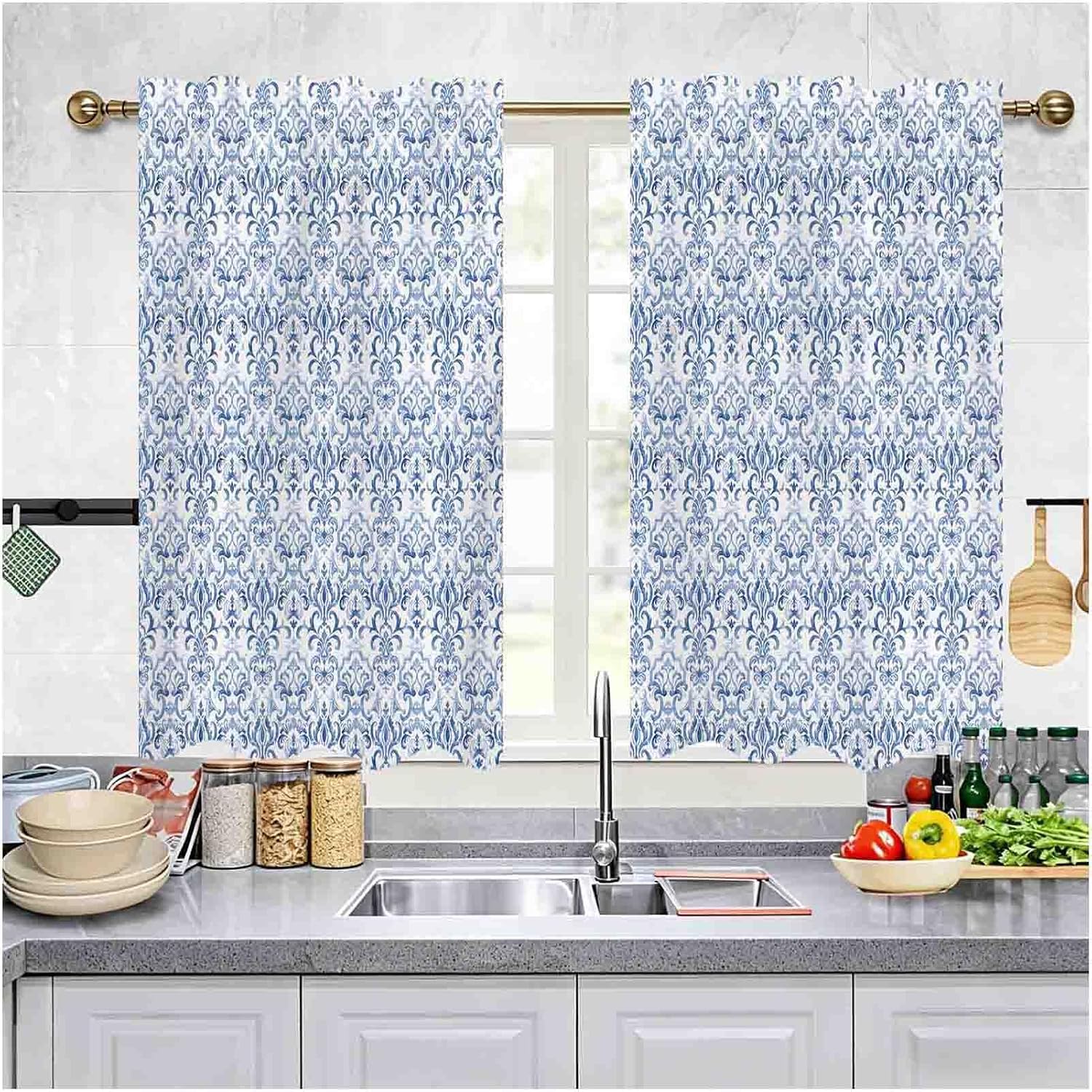 26x36Inch Blue White Vintage Floral Print Kitchen Tiers Curtain Polyester