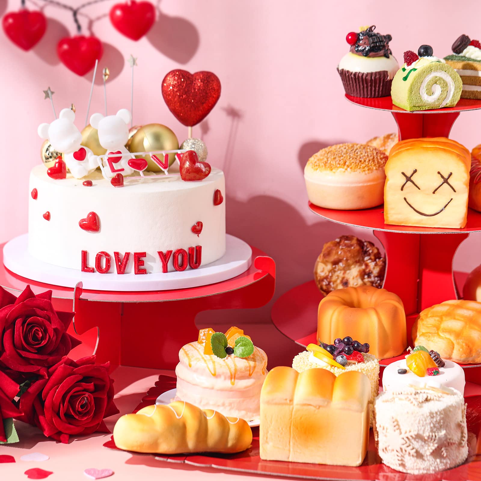 Lot de 7 présentoirs à gâteaux ronds en carton à 3 étages - Présentoir à gâteaux rectangulaire - Plateau de service réutilisable pour desserts, fête d'anniversaire (rouge)