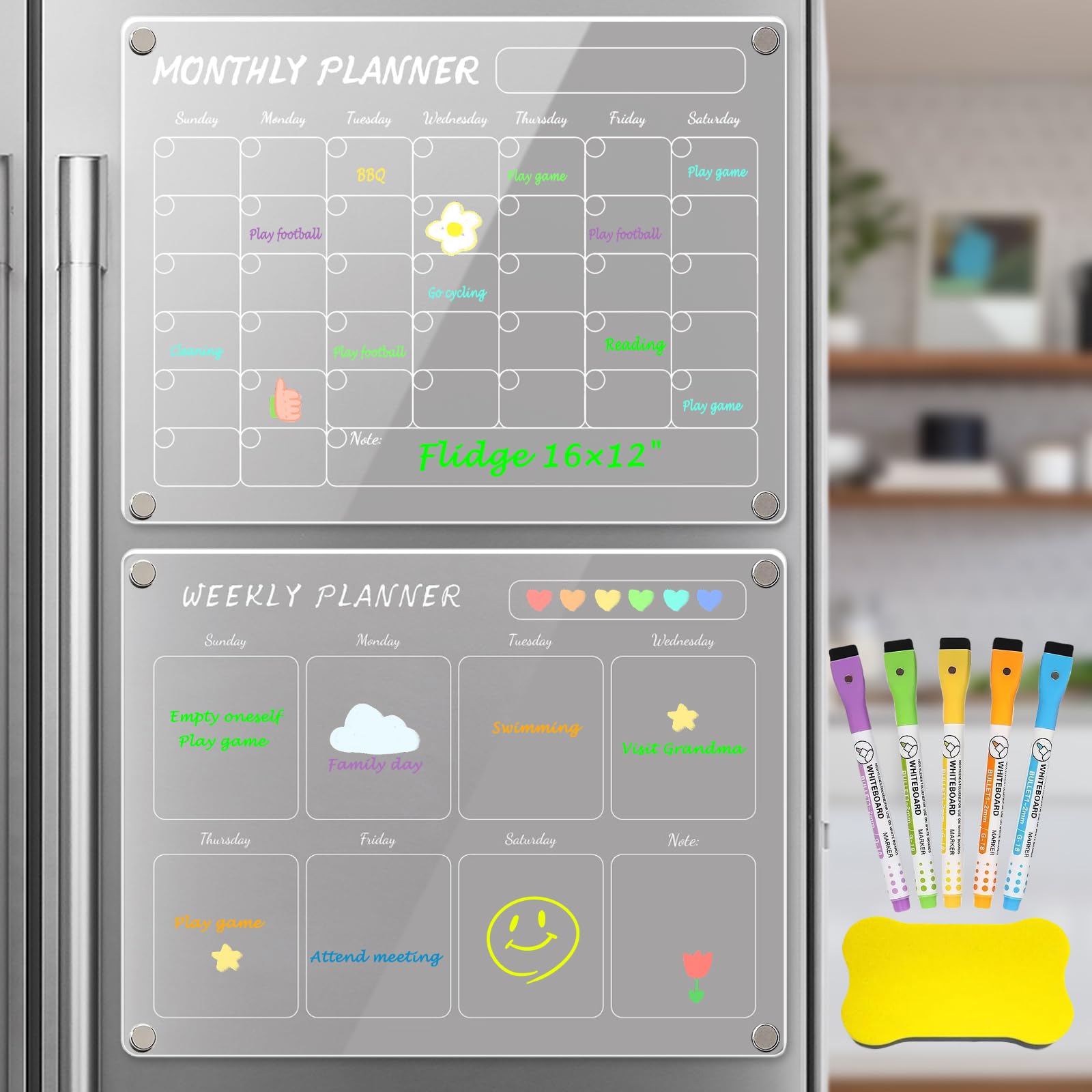 Magnetic Fridge Calendar, 2PCS Monthly & Weekly Acrylic Calendar for Fridge, Reusable Dry Erase Fridge Calendar,Including 5 Magnetic Dry Erase Markers 5 Colors/A Board Eraser(16"x12"Inches)