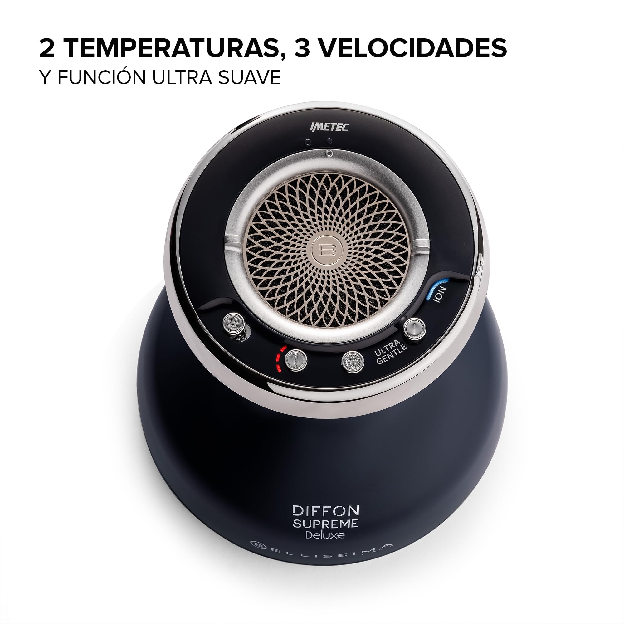 Bellissima Diffon Supreme Deluxe, Difusor de Aire Caliente para Cabello Rizado, Tecnología Cerámica y Queratina, Difusor XL, 3 Temperaturas y Ionizador, Secado Suave, bolsa de belleza, Negro Y Plata