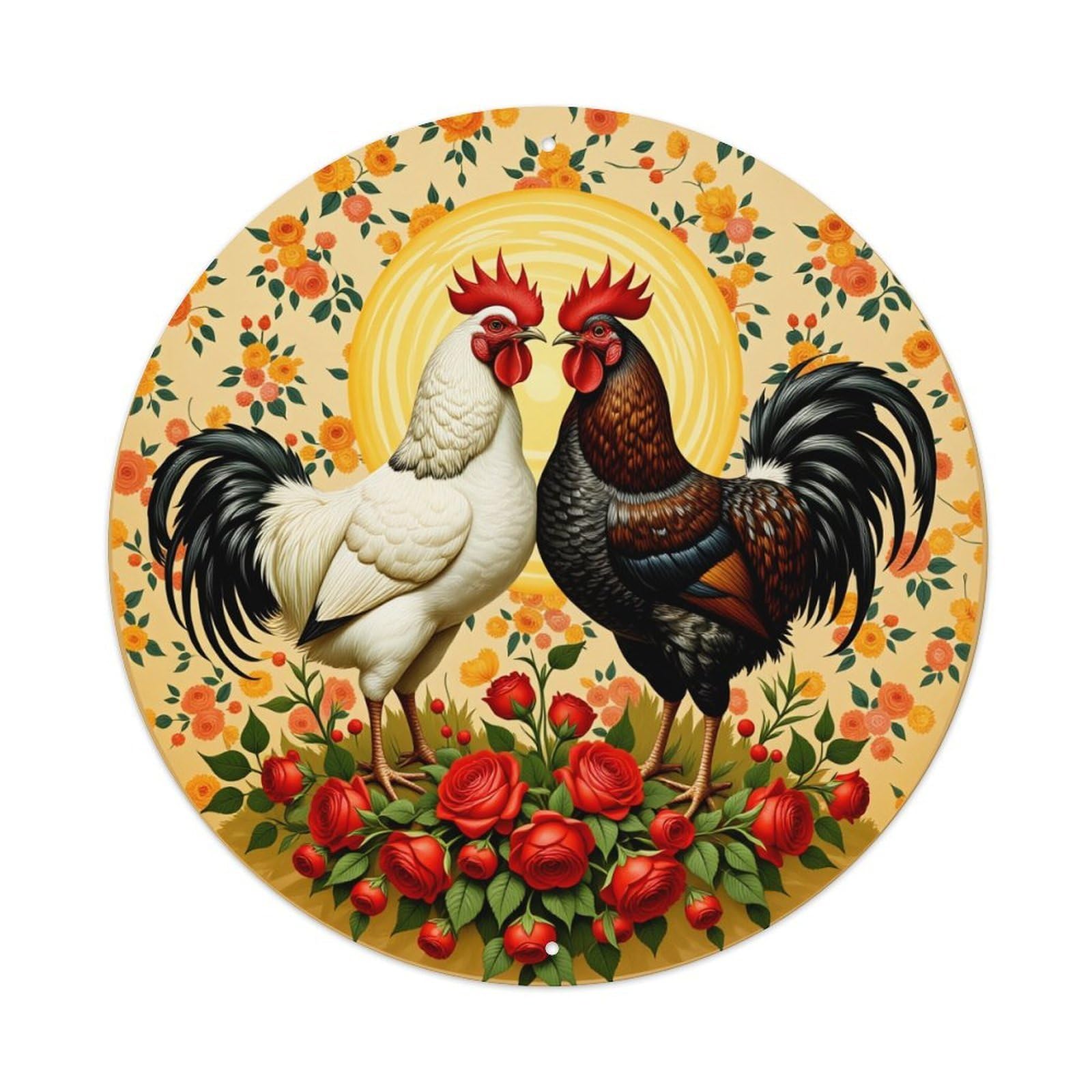 Rooster And Hen Floral Pattern Round Tin Sign Retro Metal Sign for Cafe Bar Pub Home Game Room Gym Club Wall Decoration Vintage Metal Poster 8x8 Inch