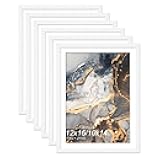 Fxojyvo Engineered Wood White 12x16 Frame Set of 6, Display Picture 10x14 with Mat or 12 x 16 Without Mat, Picture Frame with Wood-grain for Diamond Art Painting 30x40 cm - 6 Packs