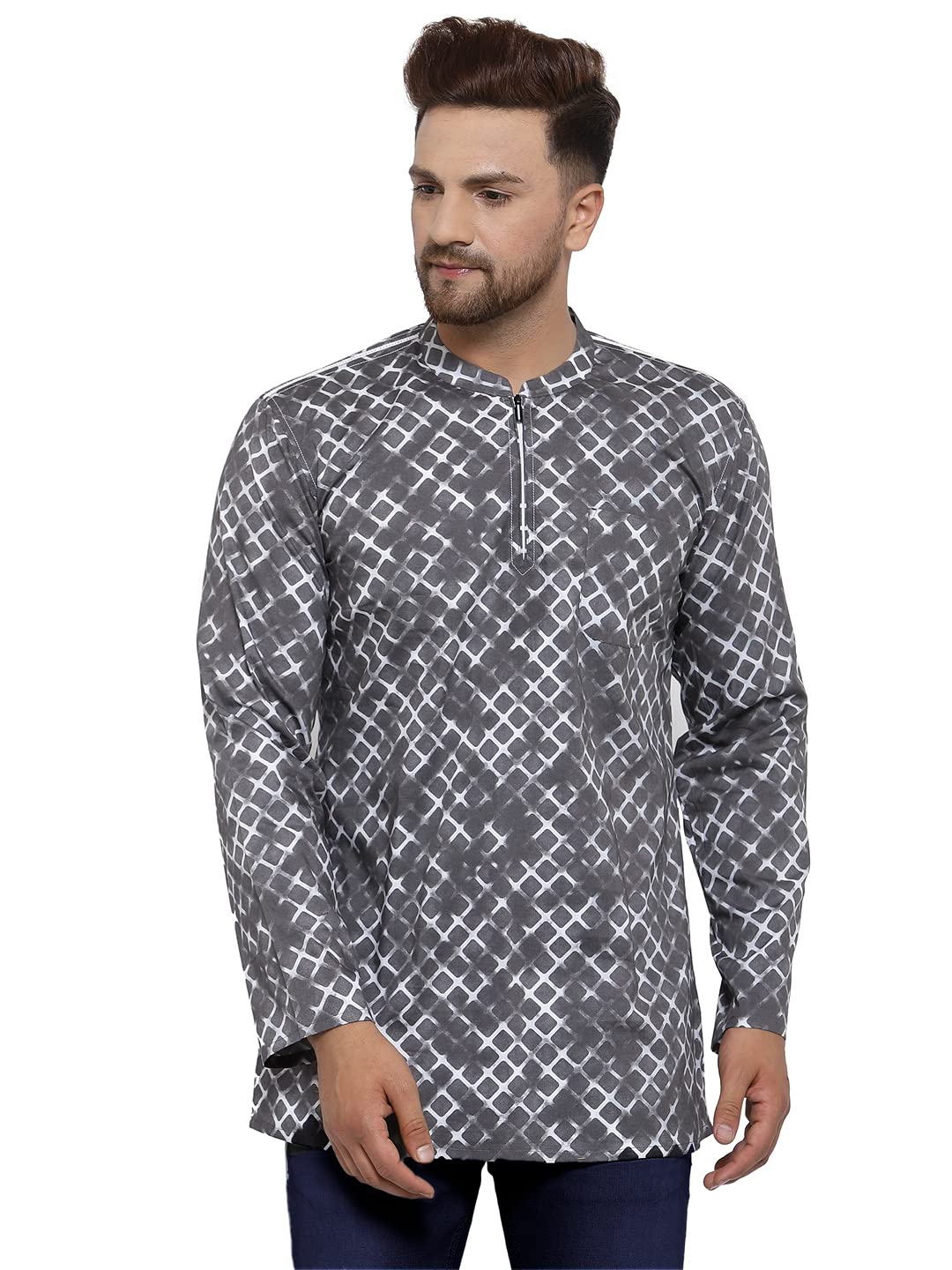 Arch Element Grey/White Cotton Printed Zipper Short Kurta