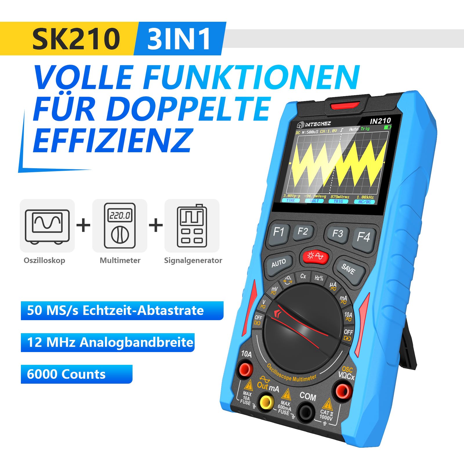 IN210 Digitales Oszilloskop-Multimeter – 12 MHz, 50 Msps, 6000 Counts, True RMS, Signalgenerator, 2,4"-Display, für Elektronikreparatur, Labor, DIY und Ausbildung