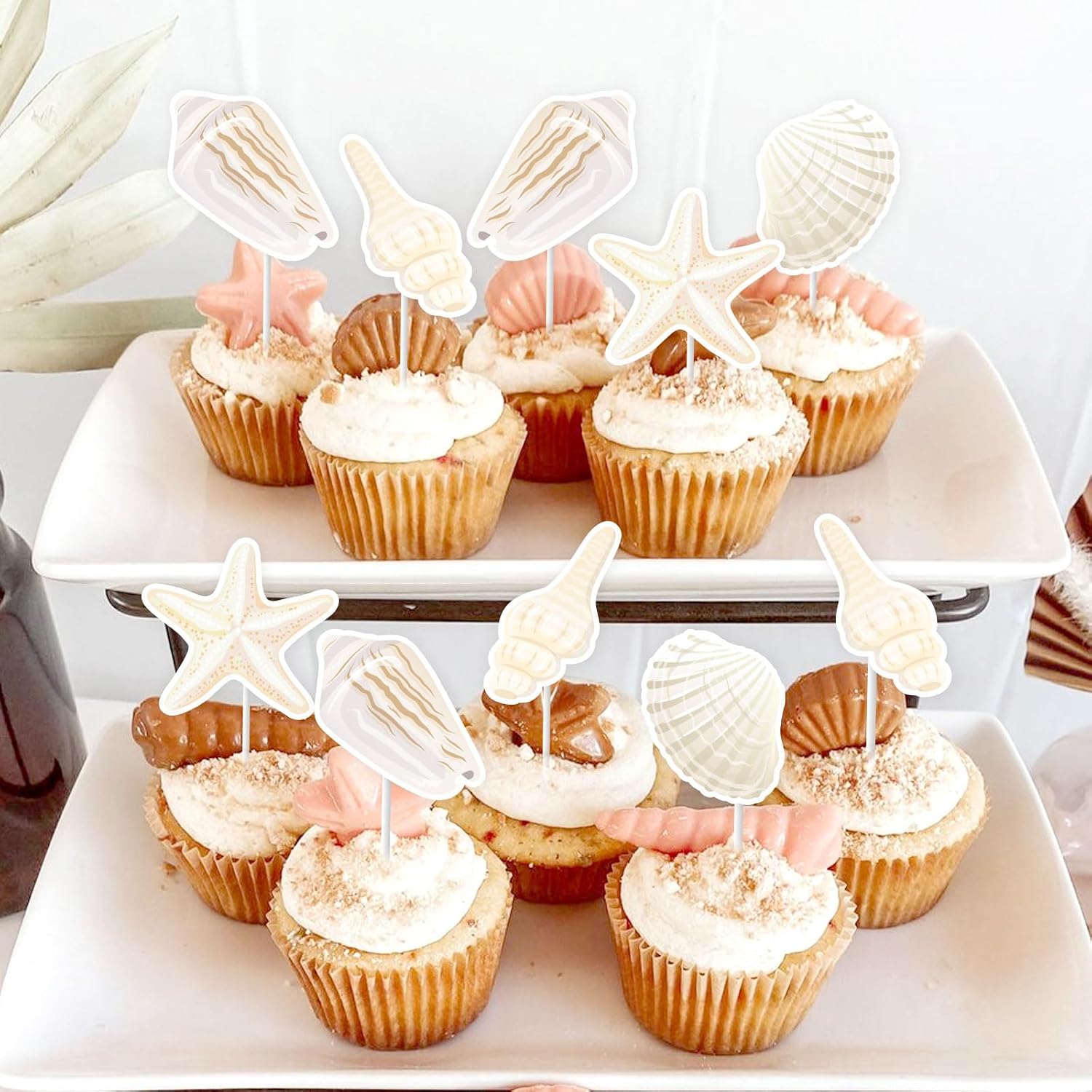 Sea Shell Cupcake Topper Beach Shell Birthday Decorations 24Pcs Beach Seashell Cake Decor Seashell Starfish Birthday Summer Ocean Coastal Bachelorette Decor for Under The Sea Bridal Shower
