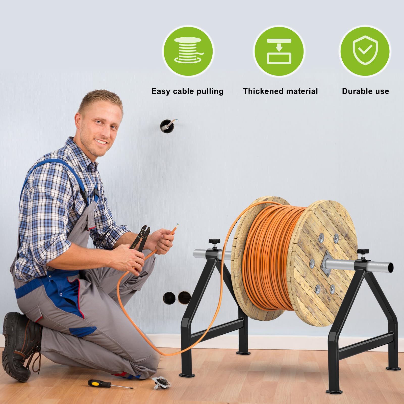 Estante de carrete de alambre, organizador de cables portátil, dispensador de alambre de acero totalmente soldado para bobinas de hasta 28 pulgadas de diámetro, capacidad de 220 libras,