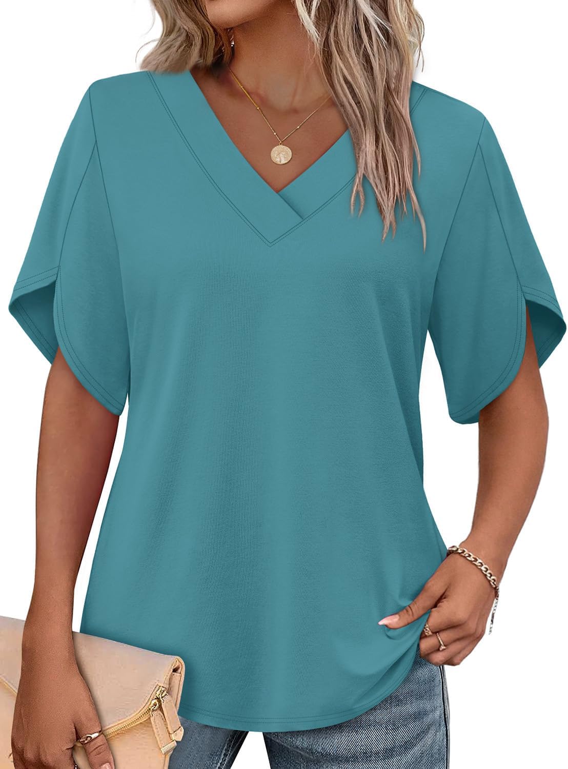 WIHOLL Womens Summer Tops Short Petal Sleeve Shirts Fashion V Neck Outfits Clothes