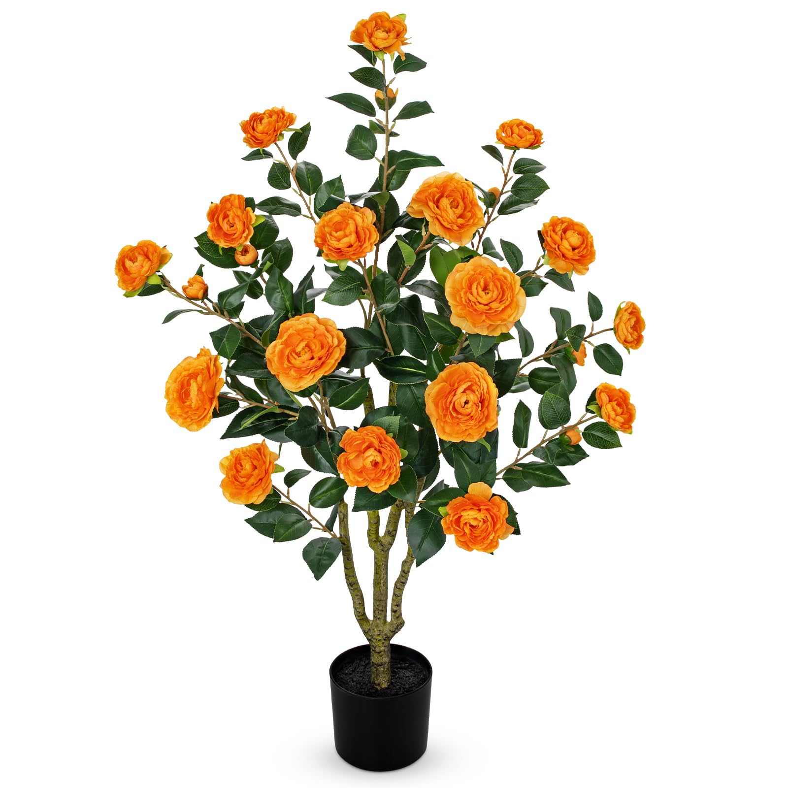 Árbol de camelia artificial de 90 cm, árbol de arte con flores, árbol de camelia artificial naranja, árbol decorativo, plantas artificiales como de verdad en maceta, decoración de primavera