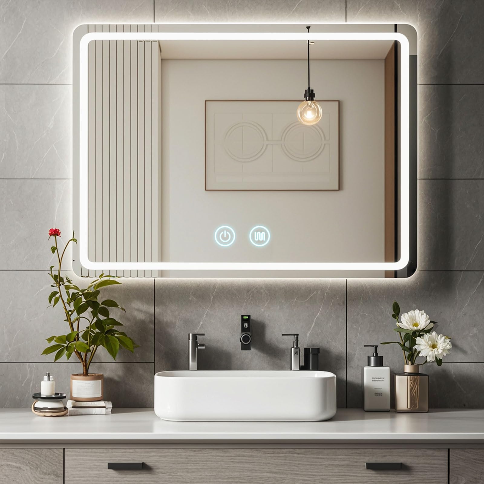 SXFSDOU LED Bathroom Mirror with Anti-Fog Demister, Dimmable 3 Color Touch Switch, Wall Mounted Vanity Mirror, HD Tempered Glass, 60x80cm (23.6x31.5in) - for Modern Bathrooms