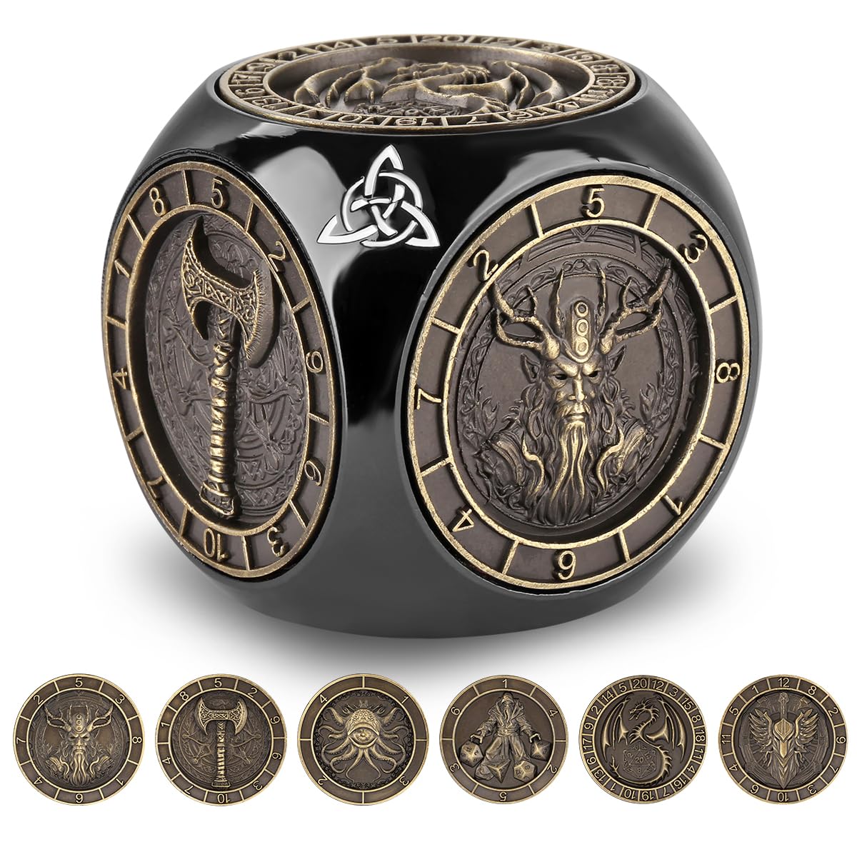 Dés Rotatifs du Bout des Doigts DND, 7-en-1 Métallique D&D Dés avec Relief 3D, Dés Polyédriques Tournants D&D, Cadeaux DND avec Boîte Cadeau, RPG, Jeu de Rôle, Accessoires de Jeu de Société, Noir