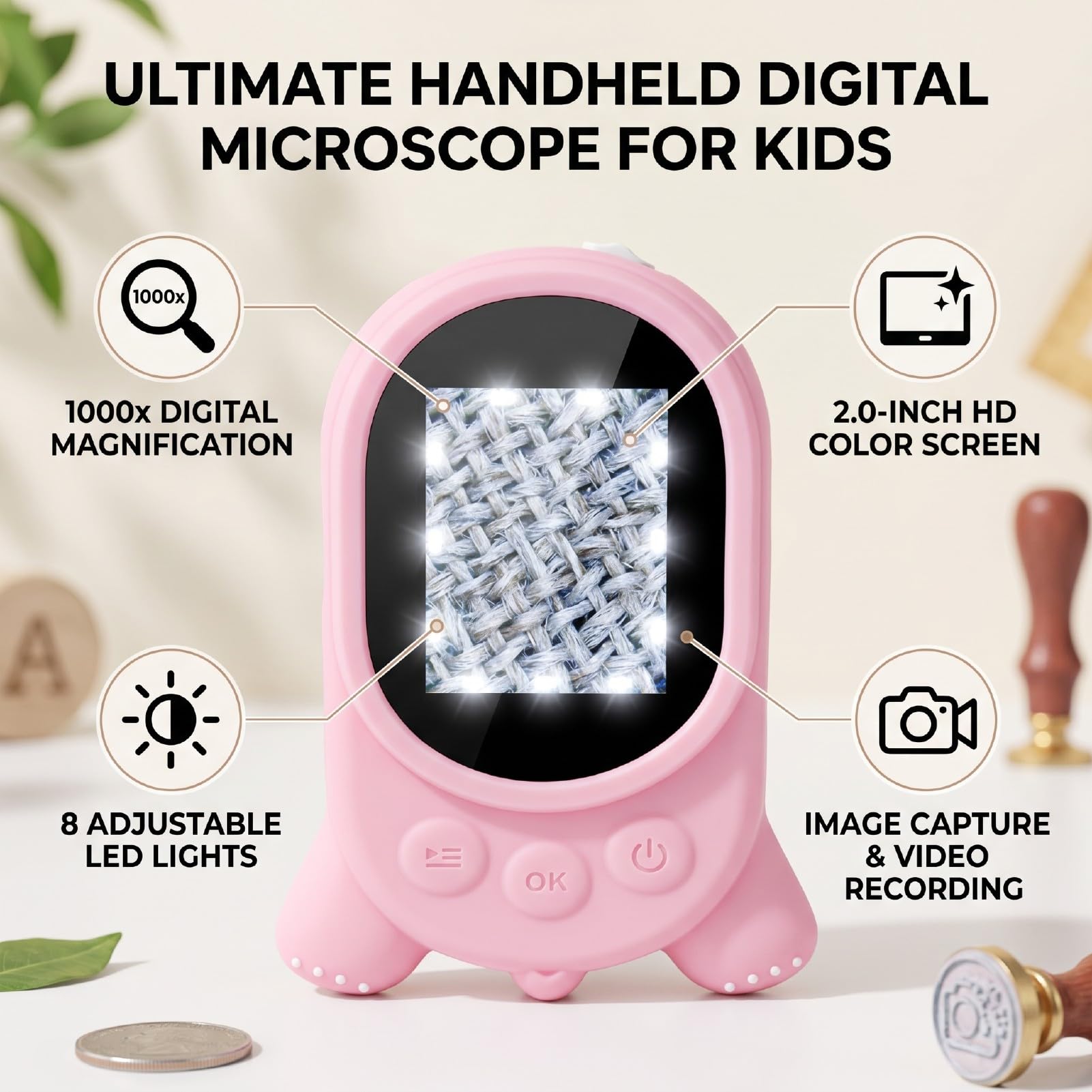 Naroote Microscopio Portatile, Microscopio Digitale con Schermo HD da 2.0 Pollici, Ingrandimento 1000x, 8 Luci LED, 3 Livelli di Luminosità Regolabili, per la Scuola all'Aperto (PINK)