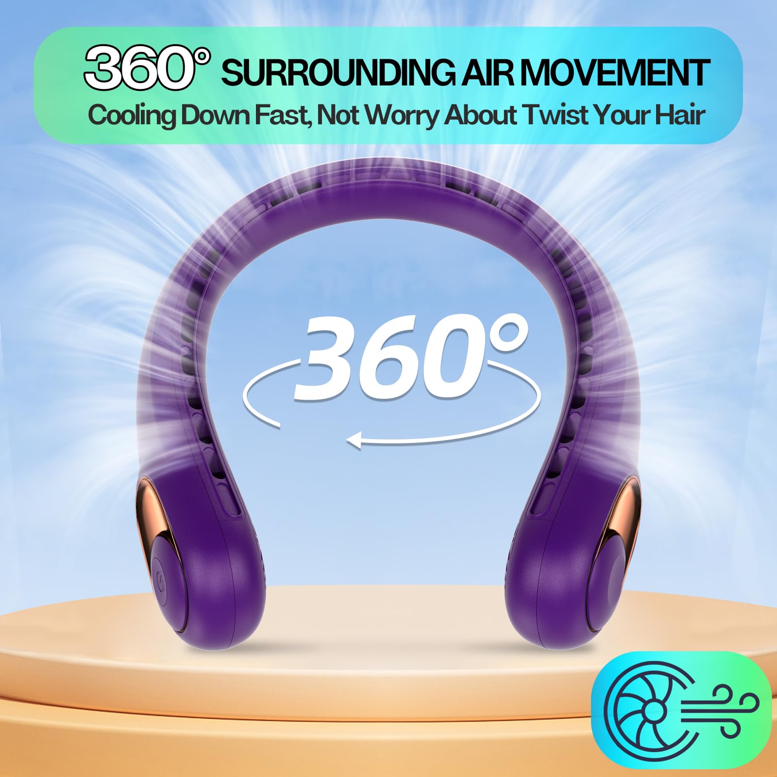 Ventilateur de cou portable sans pales avec écran LED, flux d'air à 360°, batterie rechargeable 4000 mAh, ventilateur personnel super silencieux mains libres pour intérieur et extérieur, raisin