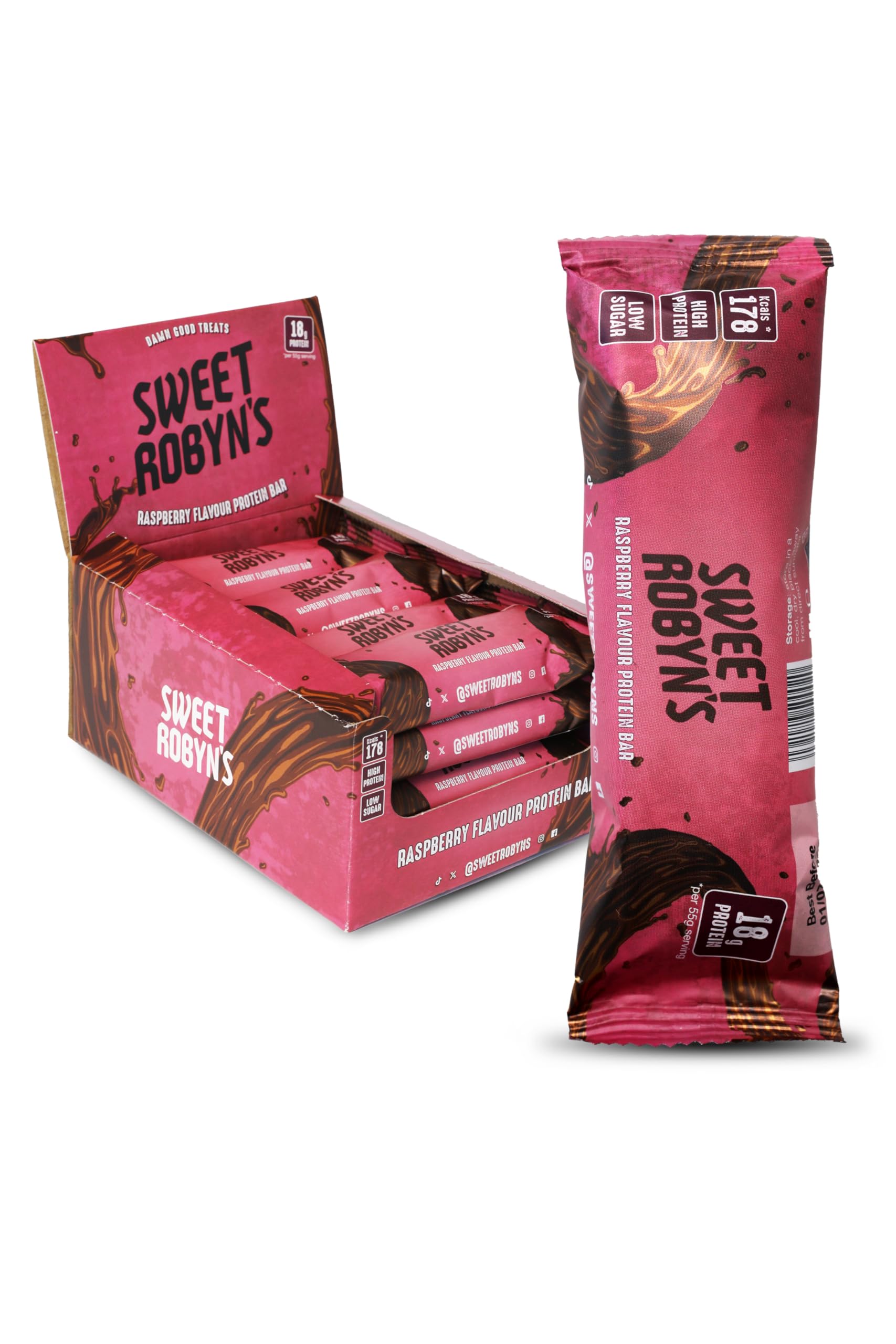 SWEET ROBYN’S Raspberry Protein Bars – 18 g Protein, Collagen-Infused, Low-Sugar, Real Belgian Chocolate (12-Pack, 55 g Each)