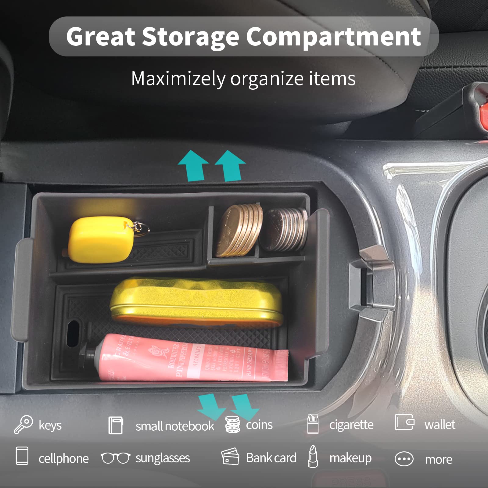 CDEFG Compatible con Nissan Juke F16 2019-2025 2026 Caja de almacenamiento Consola Central Apoyabrazos Interior Center Armrest Storage Box, Con Tapete Antideslizante Juke Hybrid 2025 Accesorios