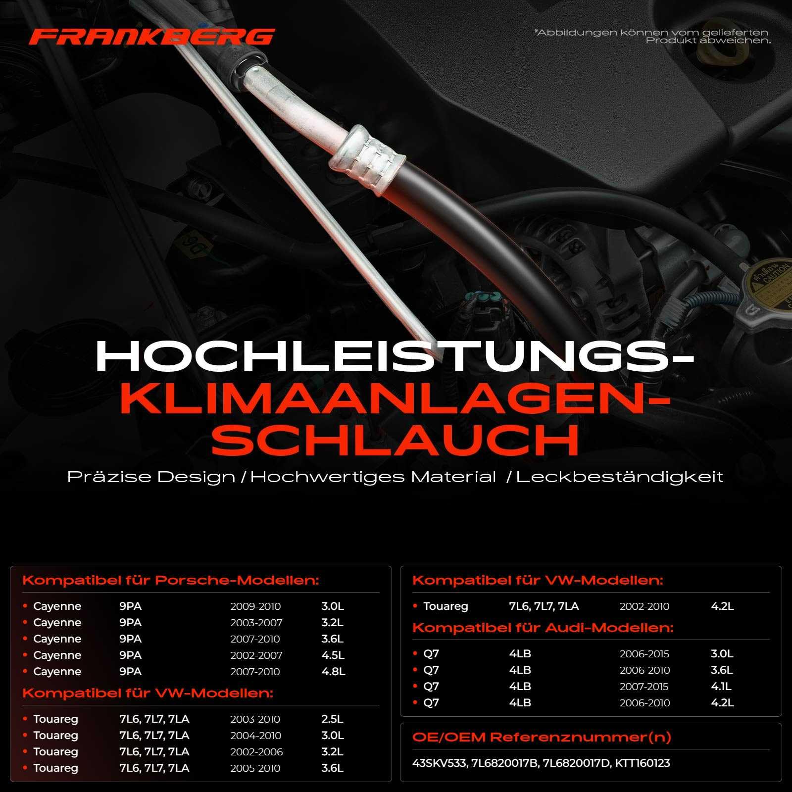 Frankberg Klimaleitung Klimaschlauch Kompatibel mit Q7 4LB 3.0L-4.2L 2006-2015 C.a.y.e.n.n.e 9PA 3.0L-4.8L 2002-2010 T.o.u.a.r.e.g 7L6 7L7 7LA 2.5L-4.2L 2002-2010 Replace# 7L6820017D