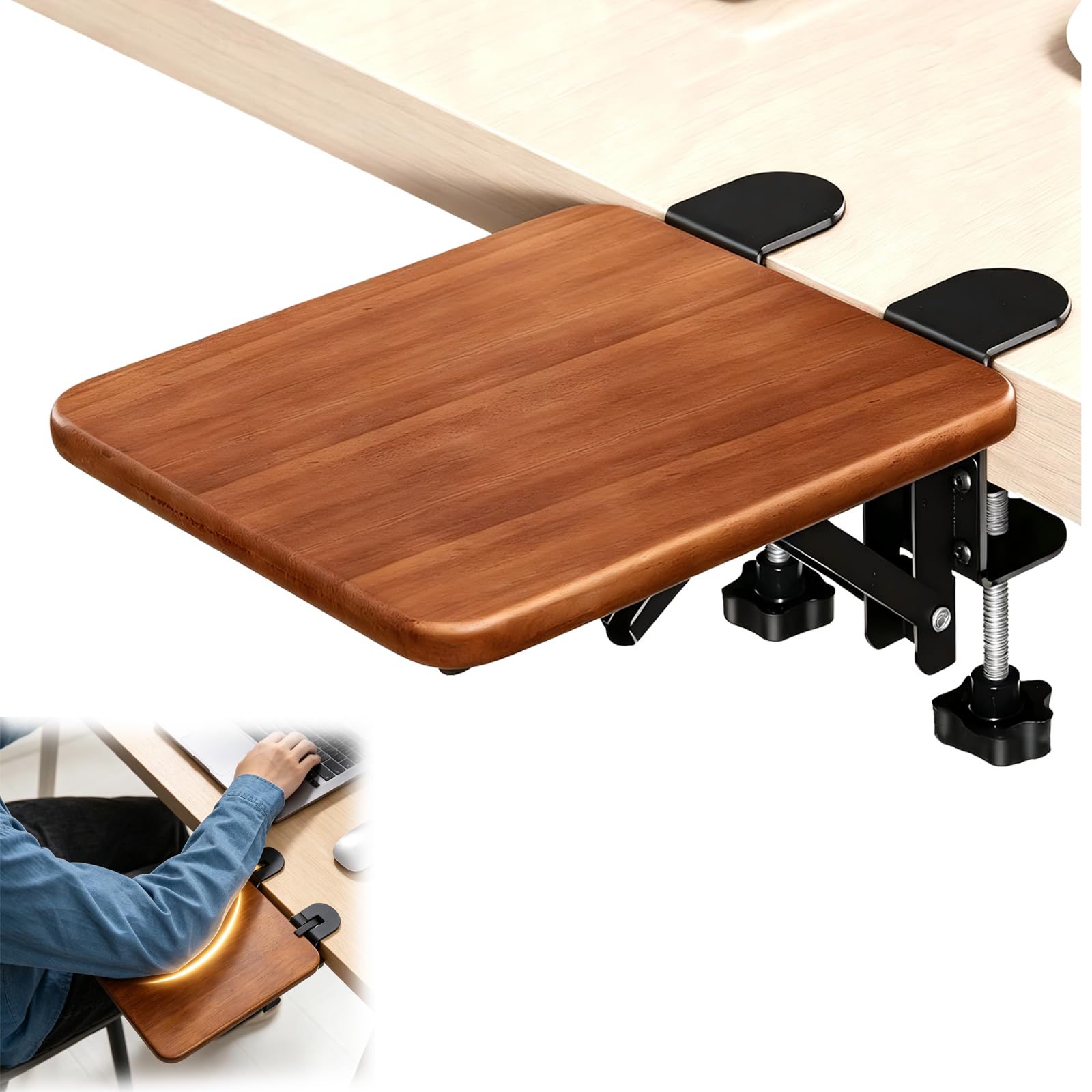 Ergonomic Desk Extender Tray - Arm Rest for Desk Extender, Table Mount Arm Wrist Rest Shelf, 90° Foldable Elbow Support, Adjustable Armrest Support Shelf for Table, Office & Home Use, Walnut