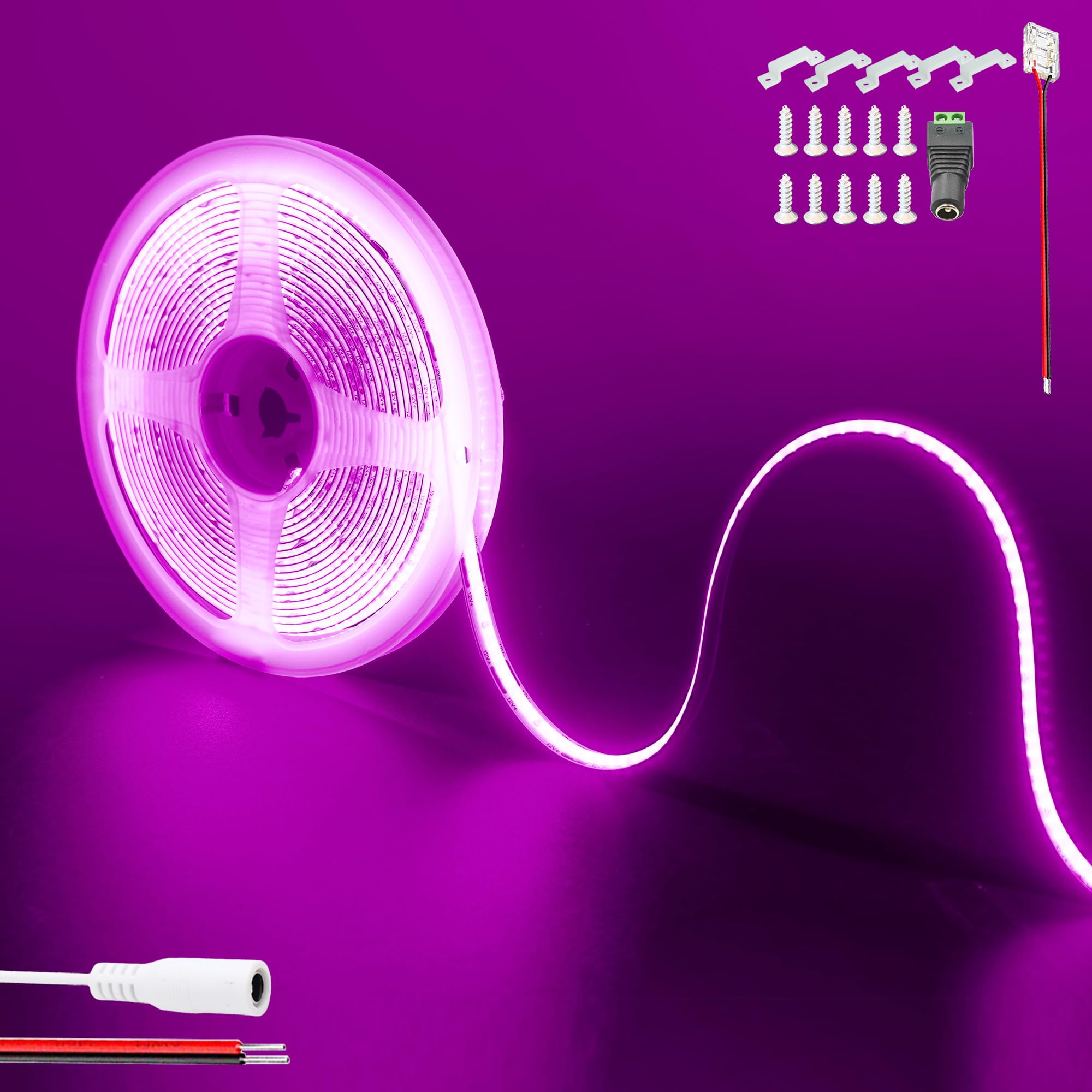 Clearhill Women's Purple 12V Cob 480Led Strip Lights,16.4Ft/5M(No Power Supply), 2400Led,With 5521Dc Connectors,8Mm Width,Ip20,For Diy Home Indoor Decoration