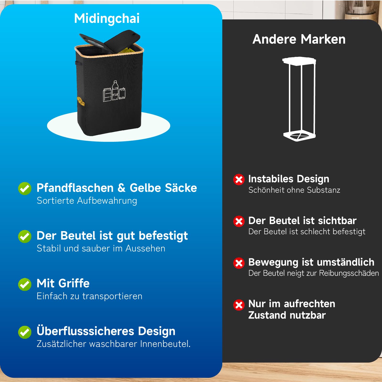 Gelber Sack Ständer 2-in-1 160L Mülleimer mit Deckel für 60L-120L Gelber Sack, Müllsystem für Küche & Haushalt - Schwarz