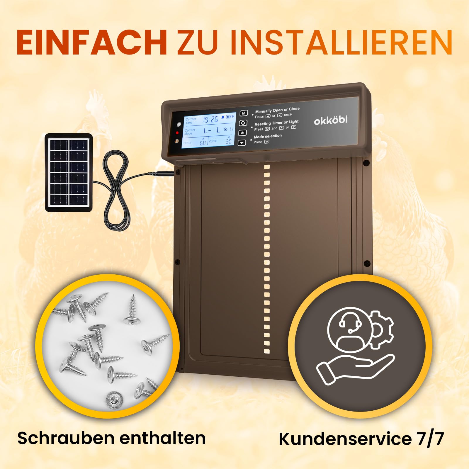 Okkobi Automatische Hühnerklappe Solar – LCD, Fernbedienung, Lichtsensor, Einklemmschutz