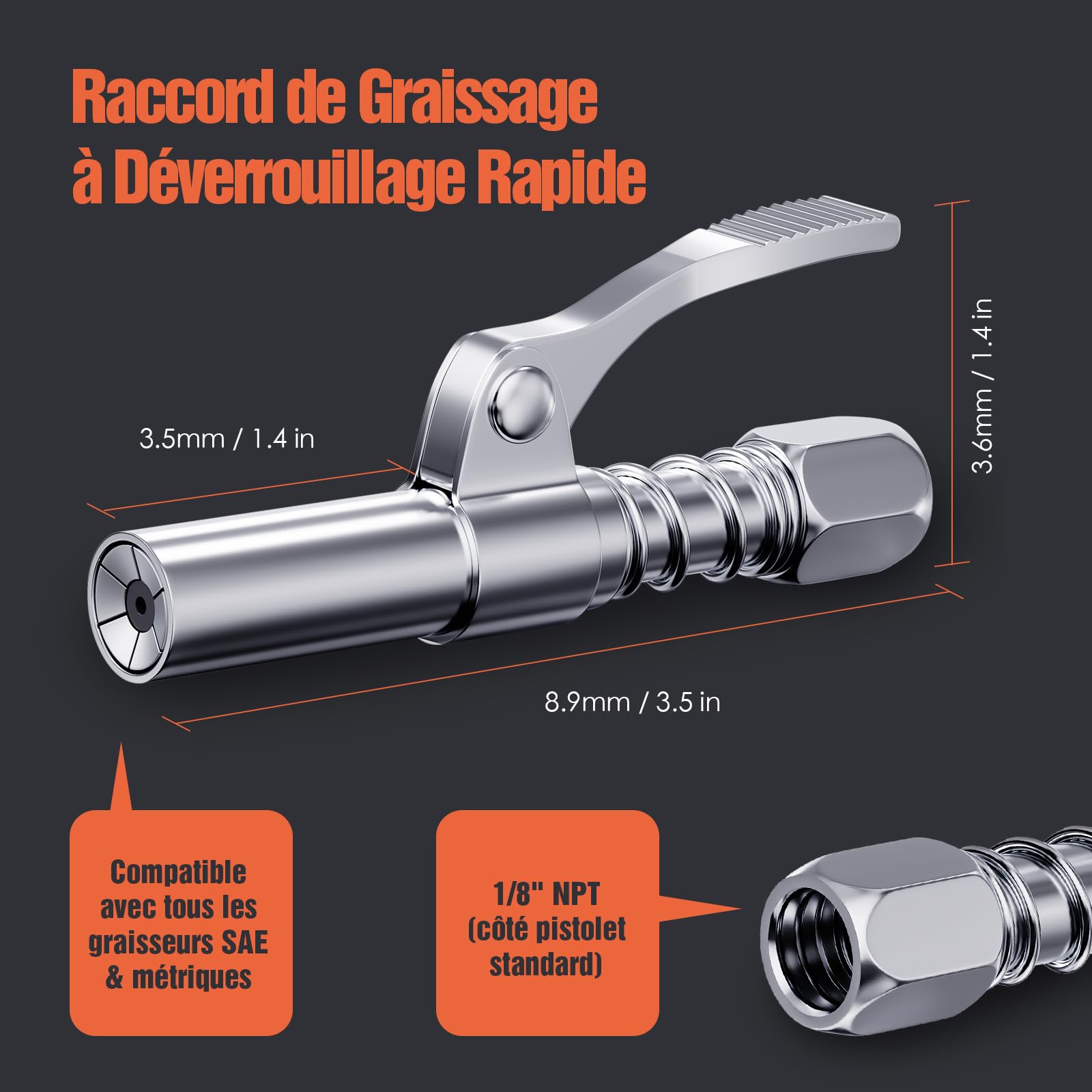 TRILINK Embout Pompe à Graisse 2 Pièces – Embouts Rapides pour Graisseur avec Utilisation à Une Main – Verrouillage à 6 Mors – Adaptateur Graisse Compatible 1/8" NPT, Raccords SAE & Métriques