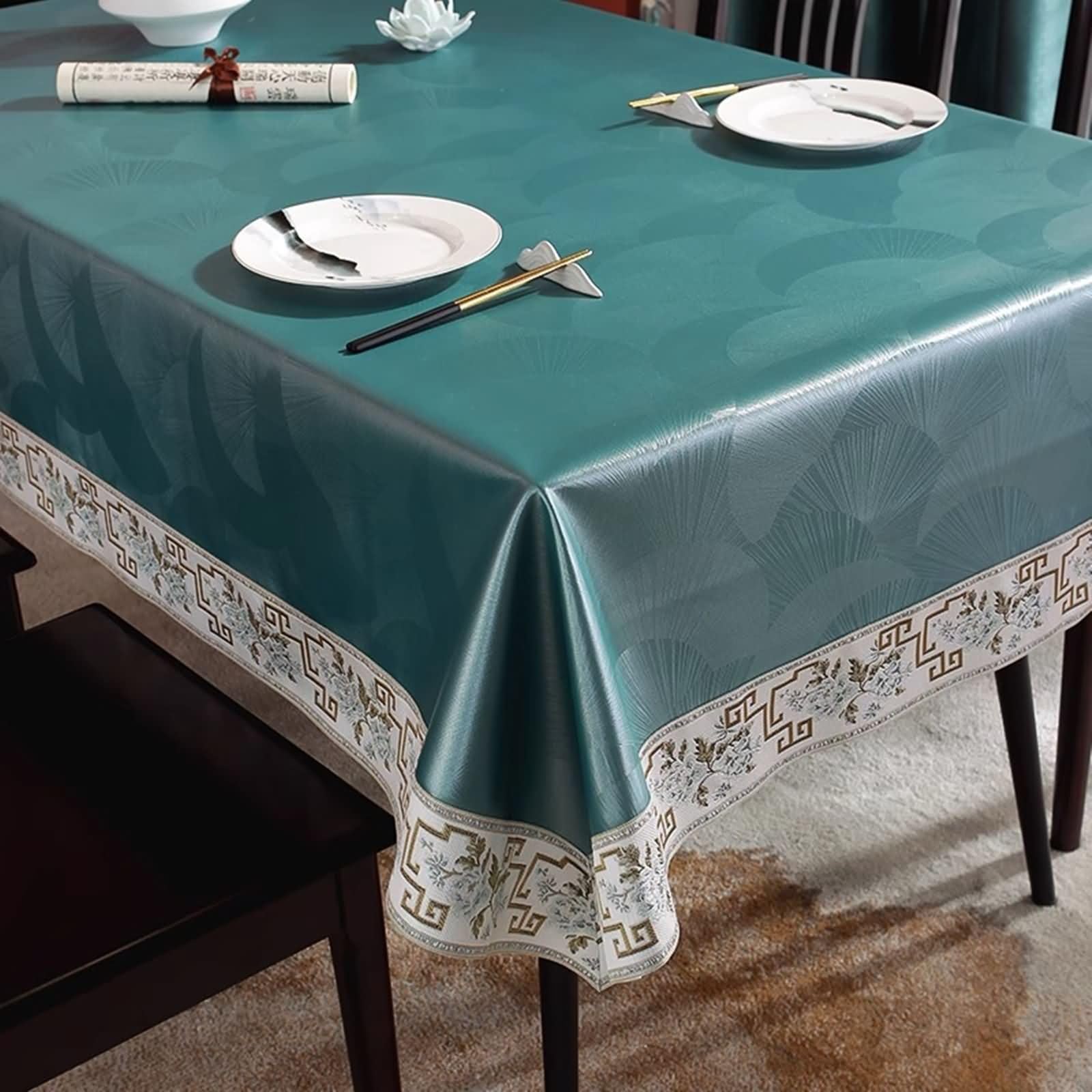 Daesar Mantel Mesa Rectangular Moderno,140 W x 220 L CM(55 W x 86 L Inch),Manteles Antimanchas PU Patrón de Luna y Bordados Mantel Antimanchas Verde Oscuro