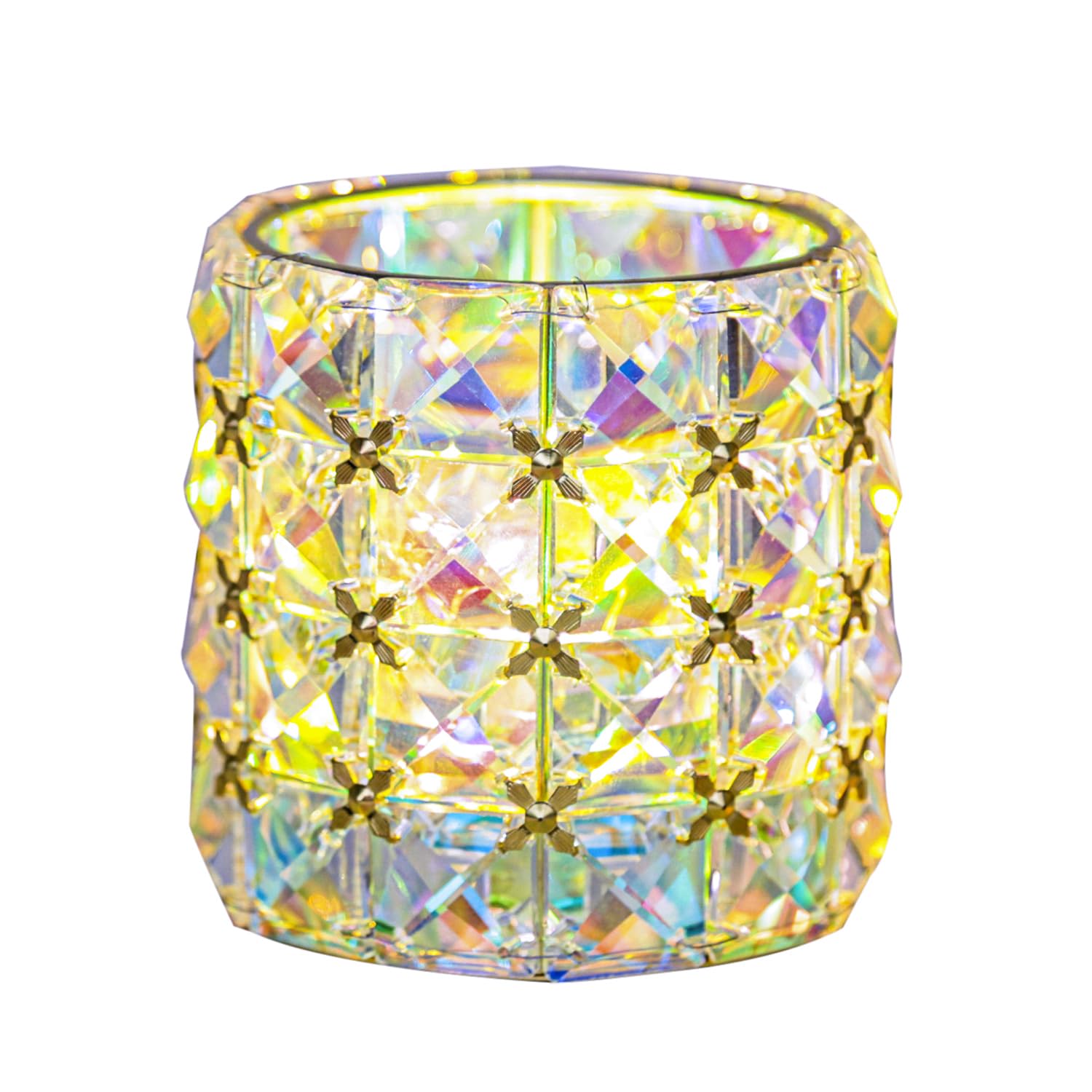 Romingo Tealight Candle Holder Crystal Table Lamp Batteries Operated LED Night Light, Crystal Makeup Brush Holder for Women's Gift, Gold