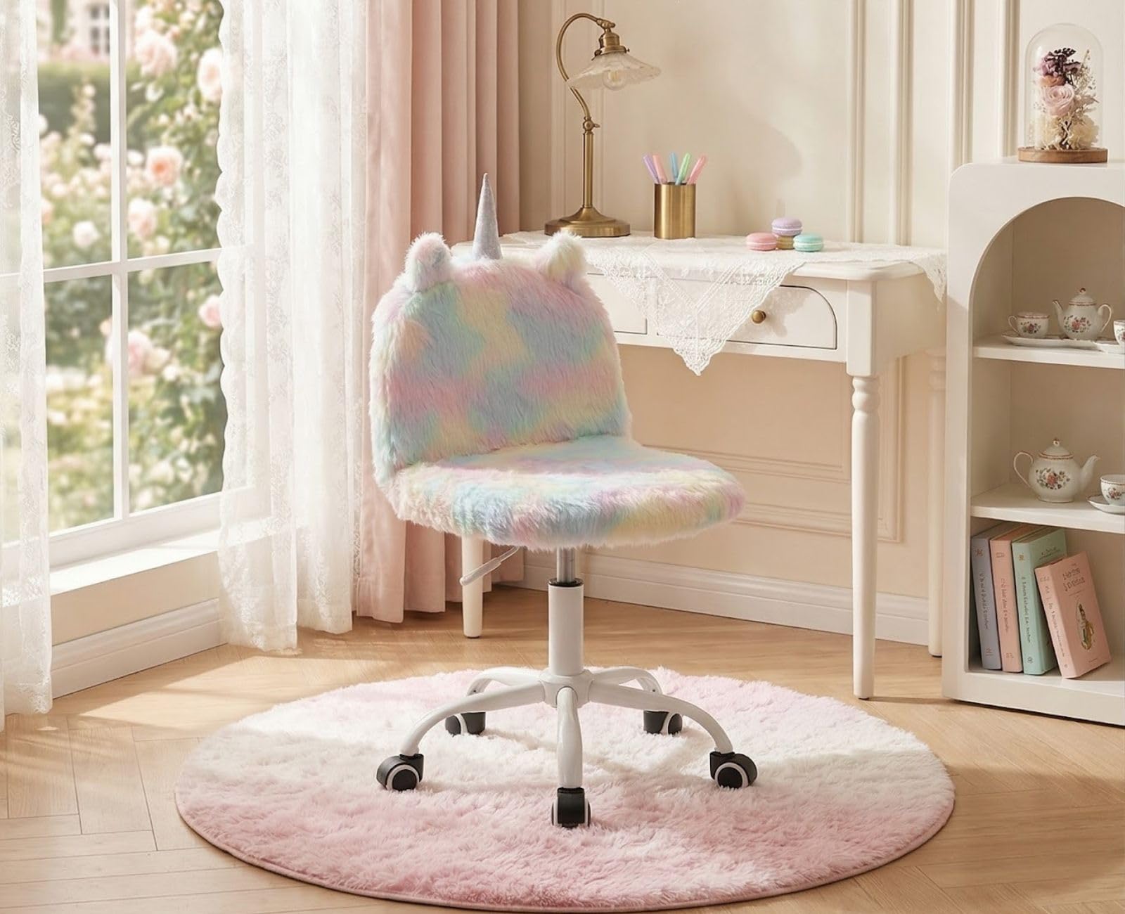 chairus Sedia da scrivania per bambini in morbida pelliccia sintetica regolabile in altezza sedia girevole per cameretta dei bambini (colorata)