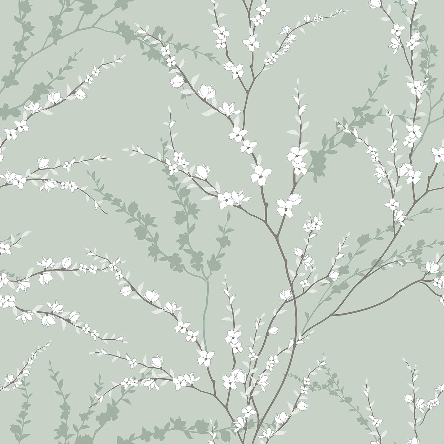VEELIKE Pastel Green Floral Peel and Stick Wallpaper Vintage Branches Floral Wallpaper for Bedroom Nursery Bathroom 17.7''x354'' Self Adhesive Flower Wall Paper Green Contact Paper for Walls Shelves