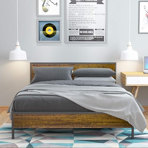 Weehom 14 Inch Full Size Metal Bed Frame with Wood Headboard Comfort 600 Heavy Duty Steel Slat Support Mattress Foundation Easy Assembly/Non-Slip Without Noise