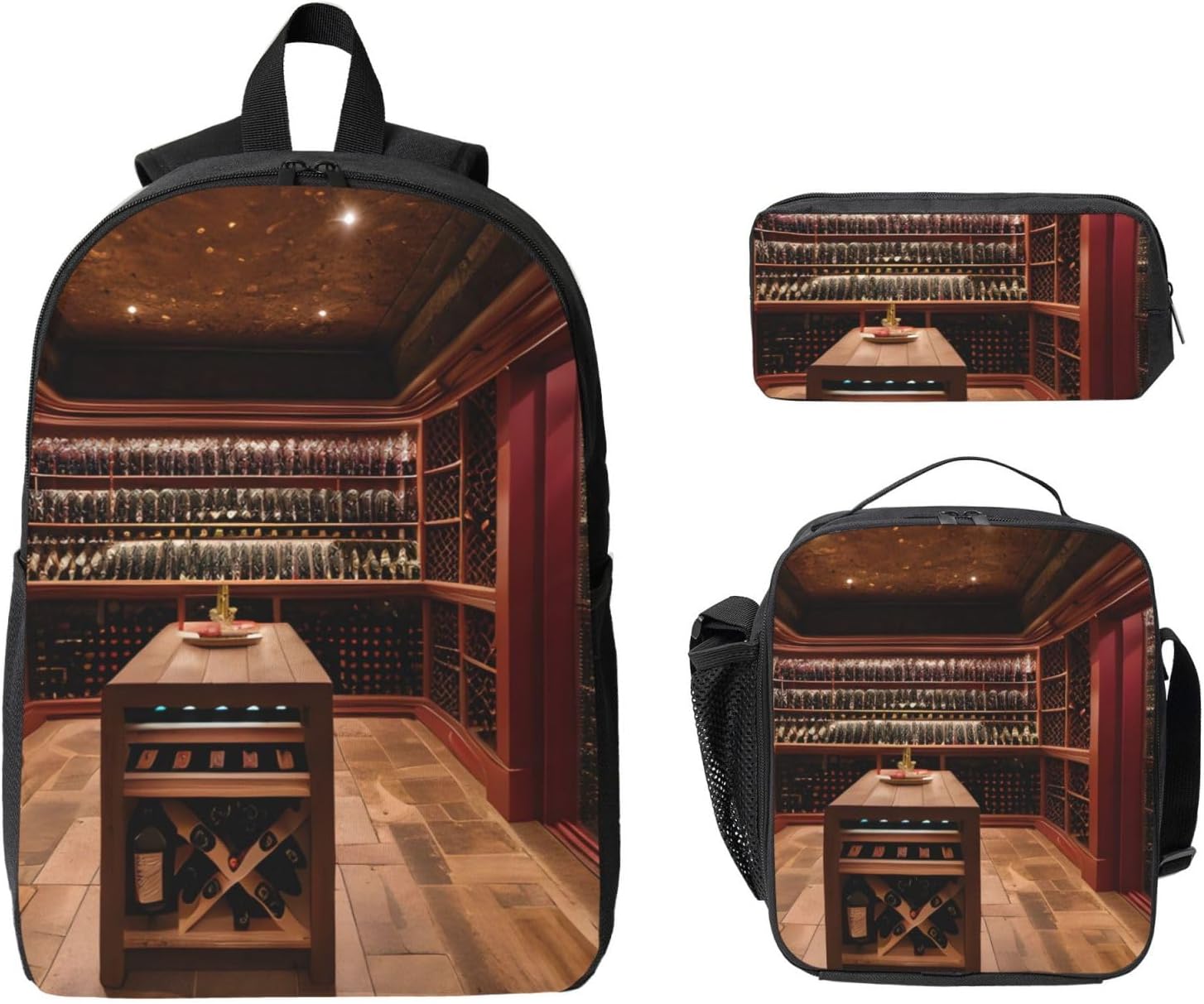 Red Wine Cellar print 3 Piece Backpack Bags with Lunch Box Pencil Case Set for Travel Work Camping Unisex