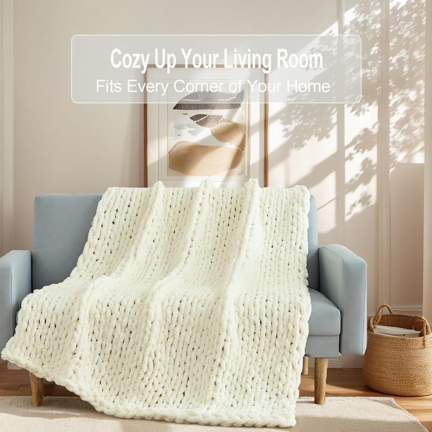 Chunky Knit Blanket Throw, Handmade Thick Cable Knit Crochet Blanket 50x60, White Soft Chenille Yarn Throw, Large Rope Knot Throw Blanket for Couch Home Decor