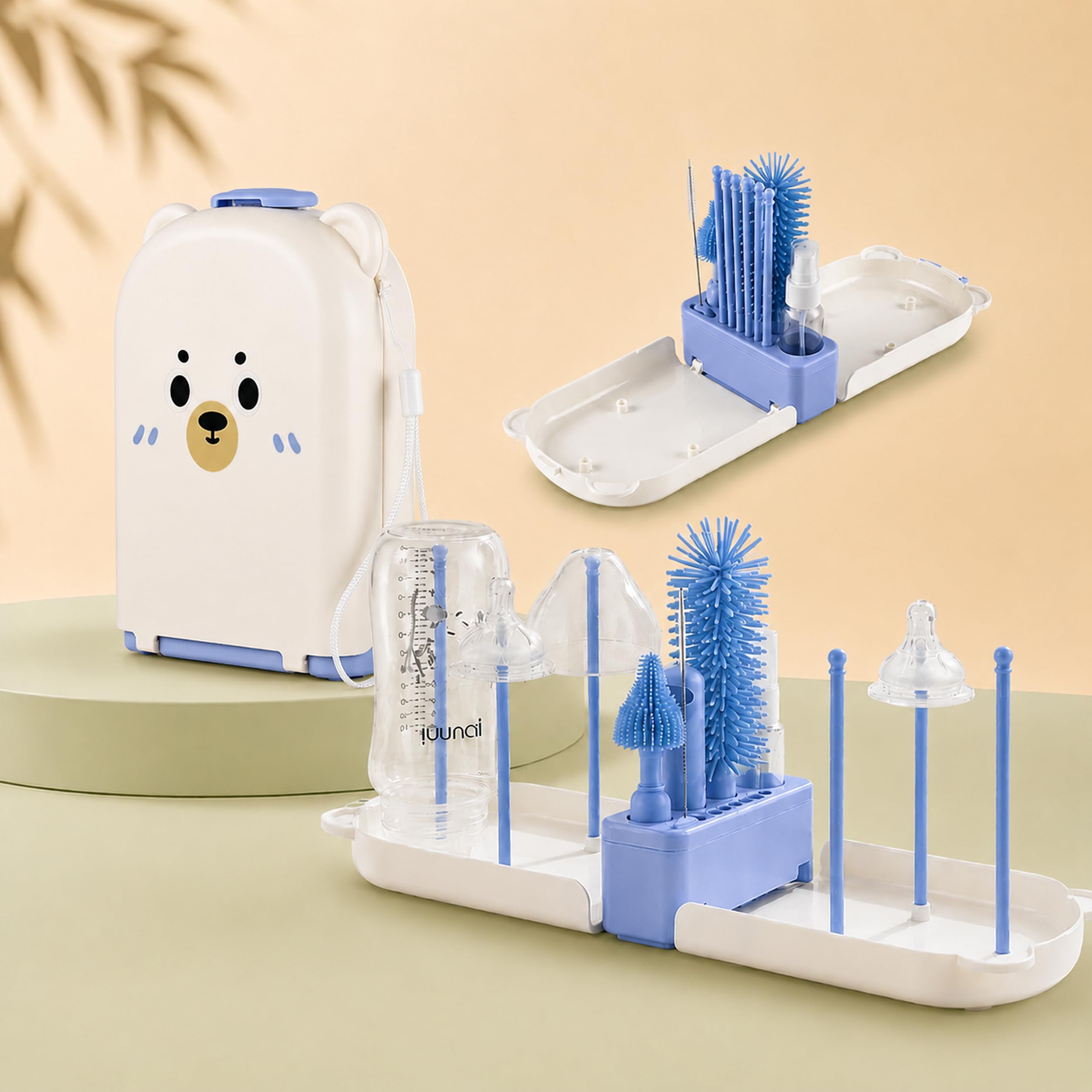 Zoonior 7-in-1 Portable Baby Bottle Cleaning & Drying Kit - Cute Bear Travel Case with Silicone Bottle Brush, Nipple Cle