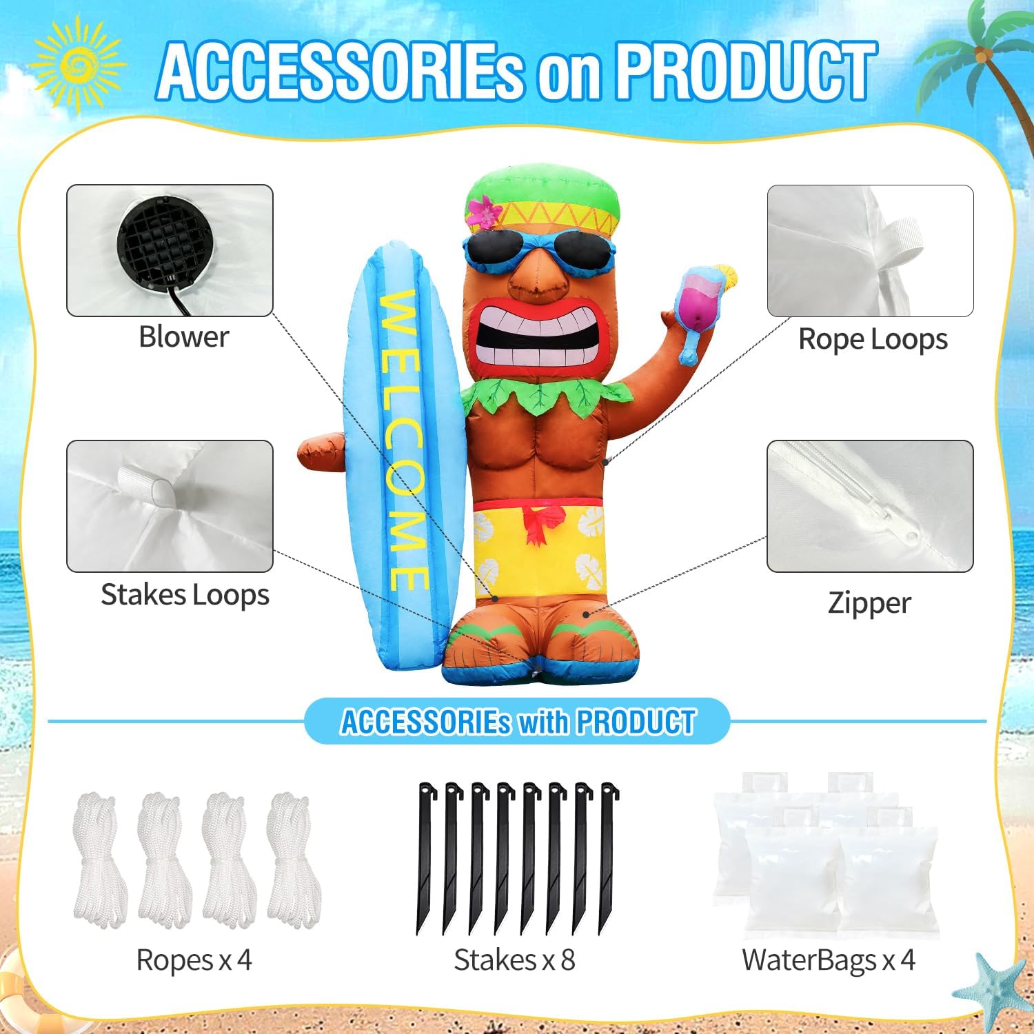 DomKom 5FT Tiki Luau Inflatables, Tiki with Surfboard and Wine Glass, Hawaiian Summer Tropical Beach Blow up Party Decor Party Giant Yard Decoration, Outdoor Built-in LED Lights Lawn Holiday Outside