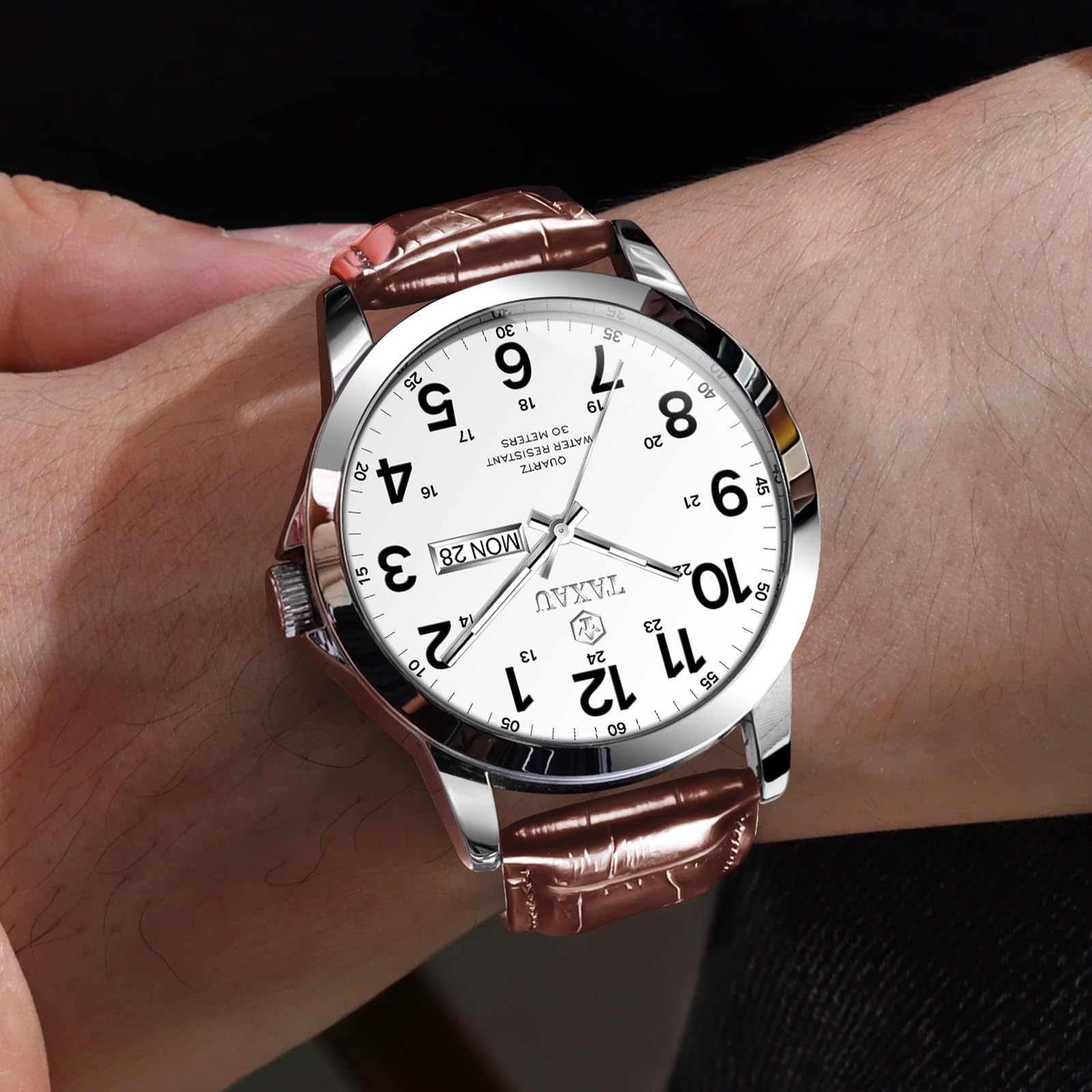 Taxau Uhren Herren Klassischus Lederarmband Wasserdicht Großes Zifferblatt