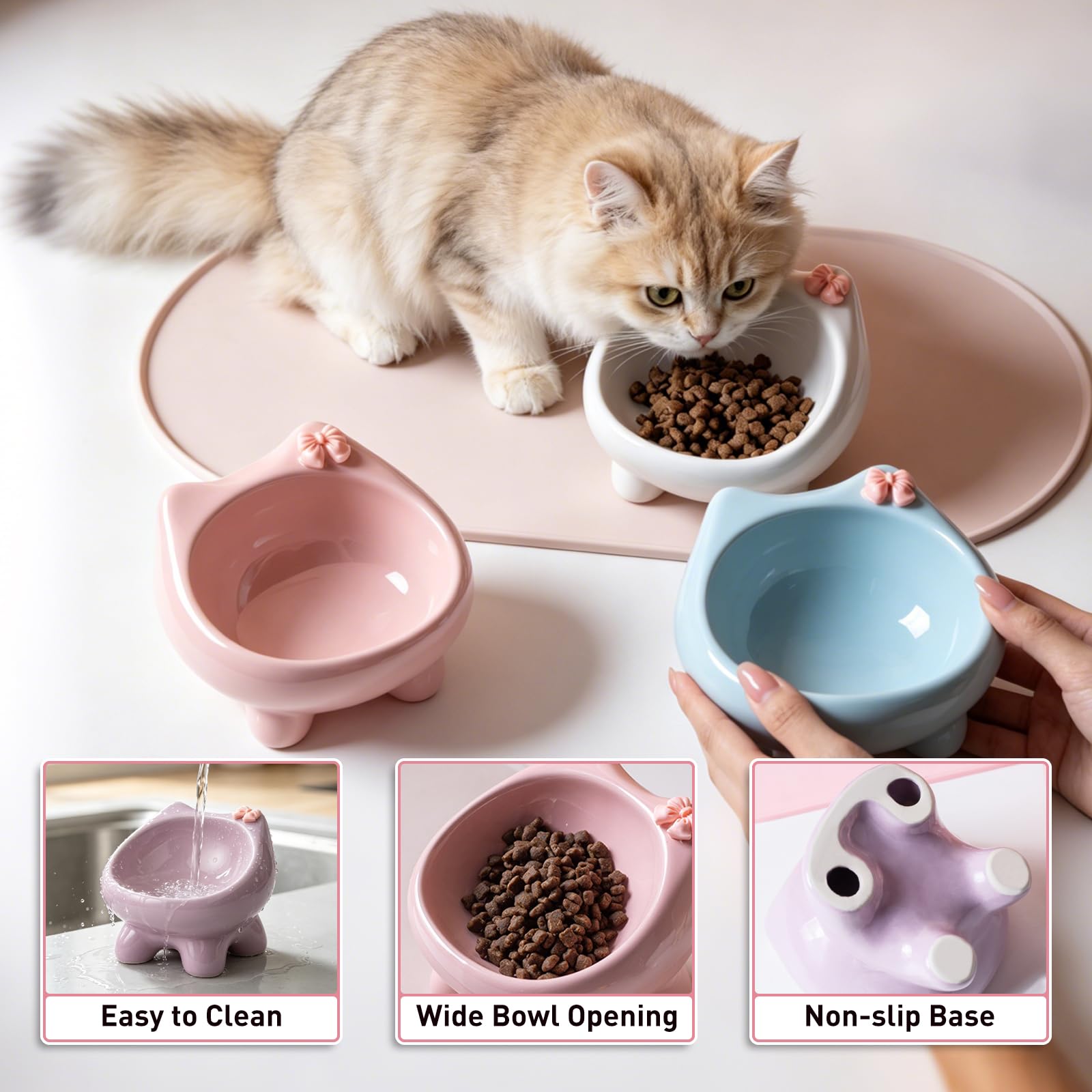 Ciotola per gatti in ceramica, ciotola rialzata per cani e gatti, blu | Ceramica per uso alimentare adatta ai gatti con superficie piatta