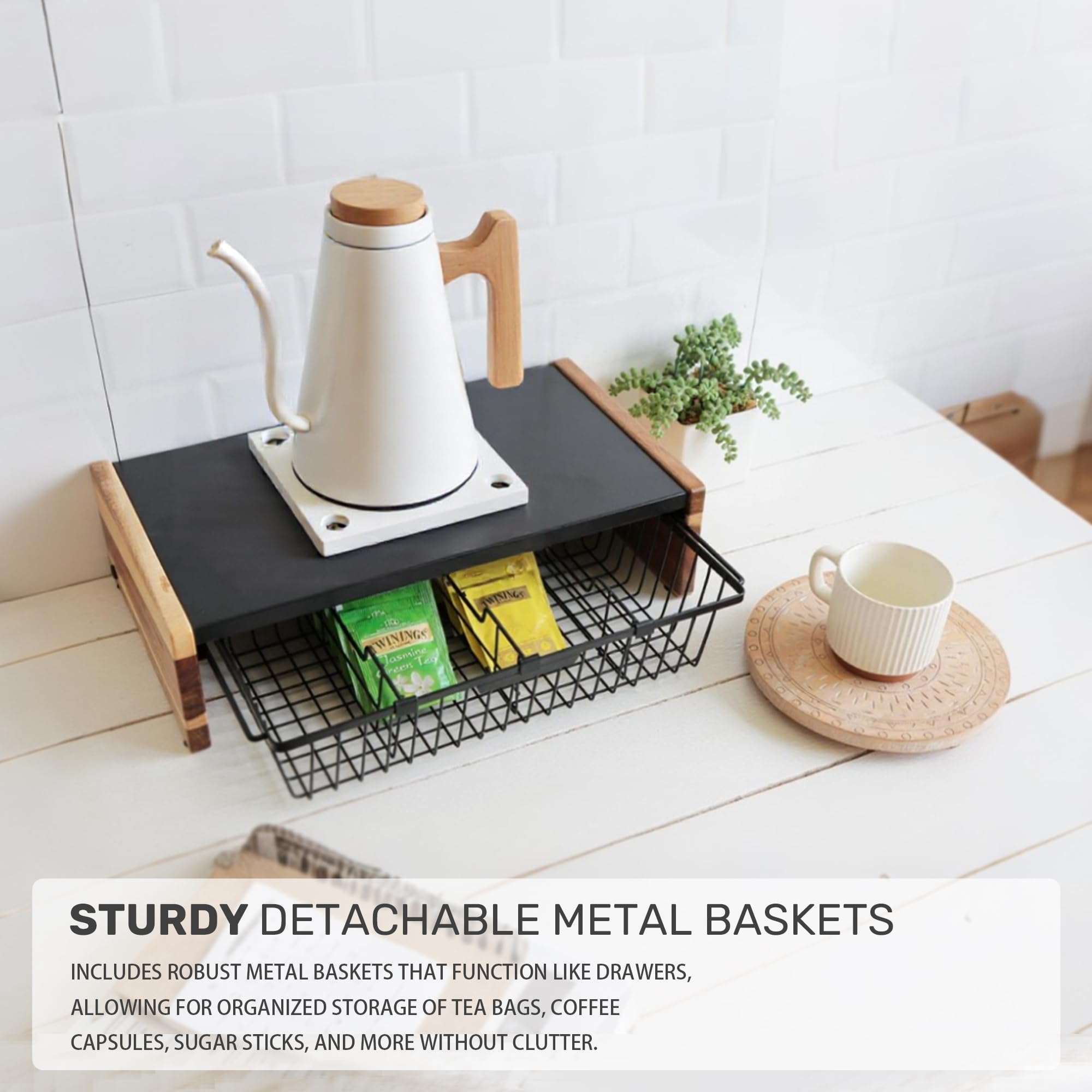 WILDMOS Organiseur de sachets de thé, panier métallique pour comptoir de thé, boîte de présentation pour comptoir de cuisine.