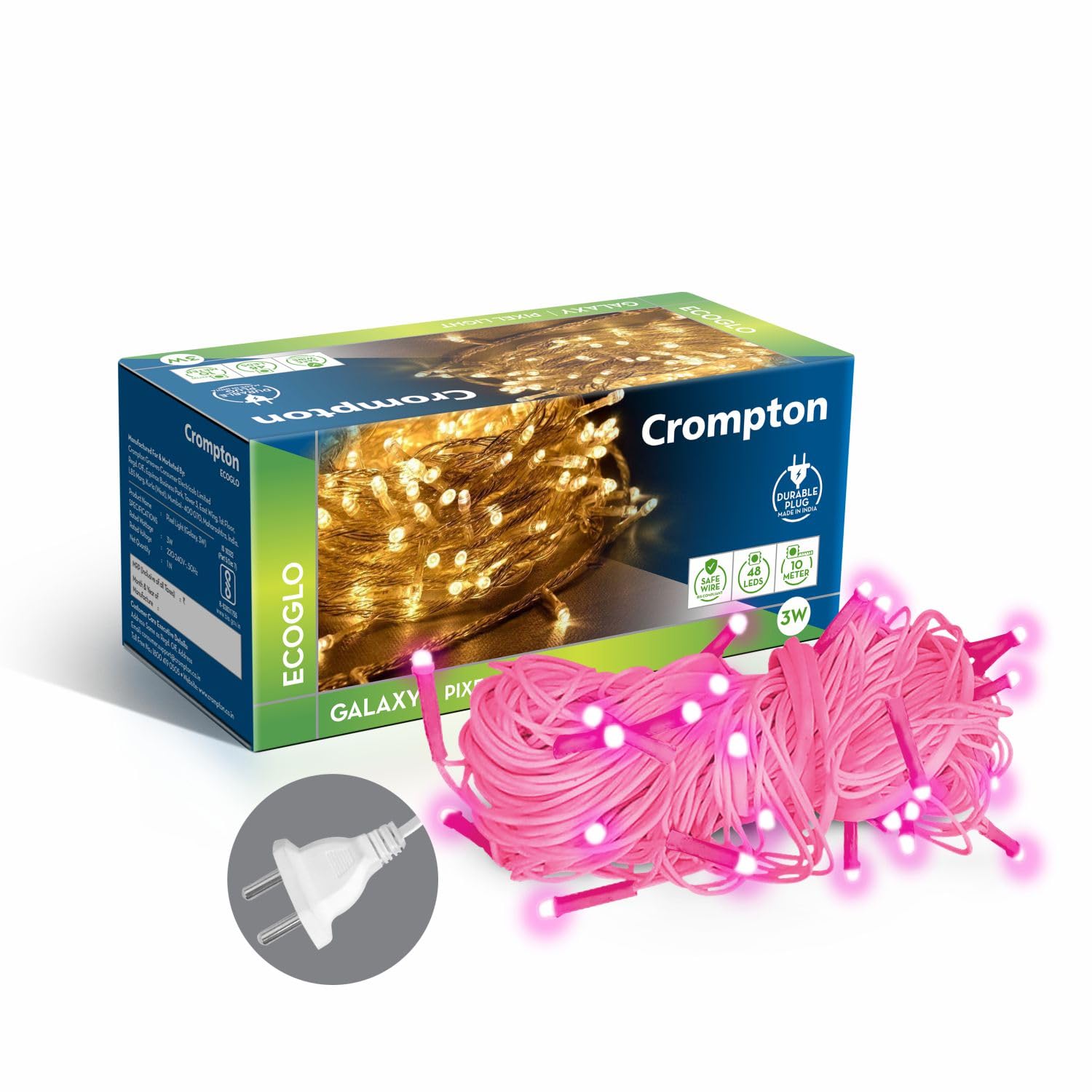 Crompton Galaxy Pixel Light | Festive Ladi Lights | 10 Meter | 48 LEDs | Pink | Pack of 1 | Direct 2-pin Plug | BIS Safe Wire | for Home Decoration, Diwali, Festival, Birthday, Marriage