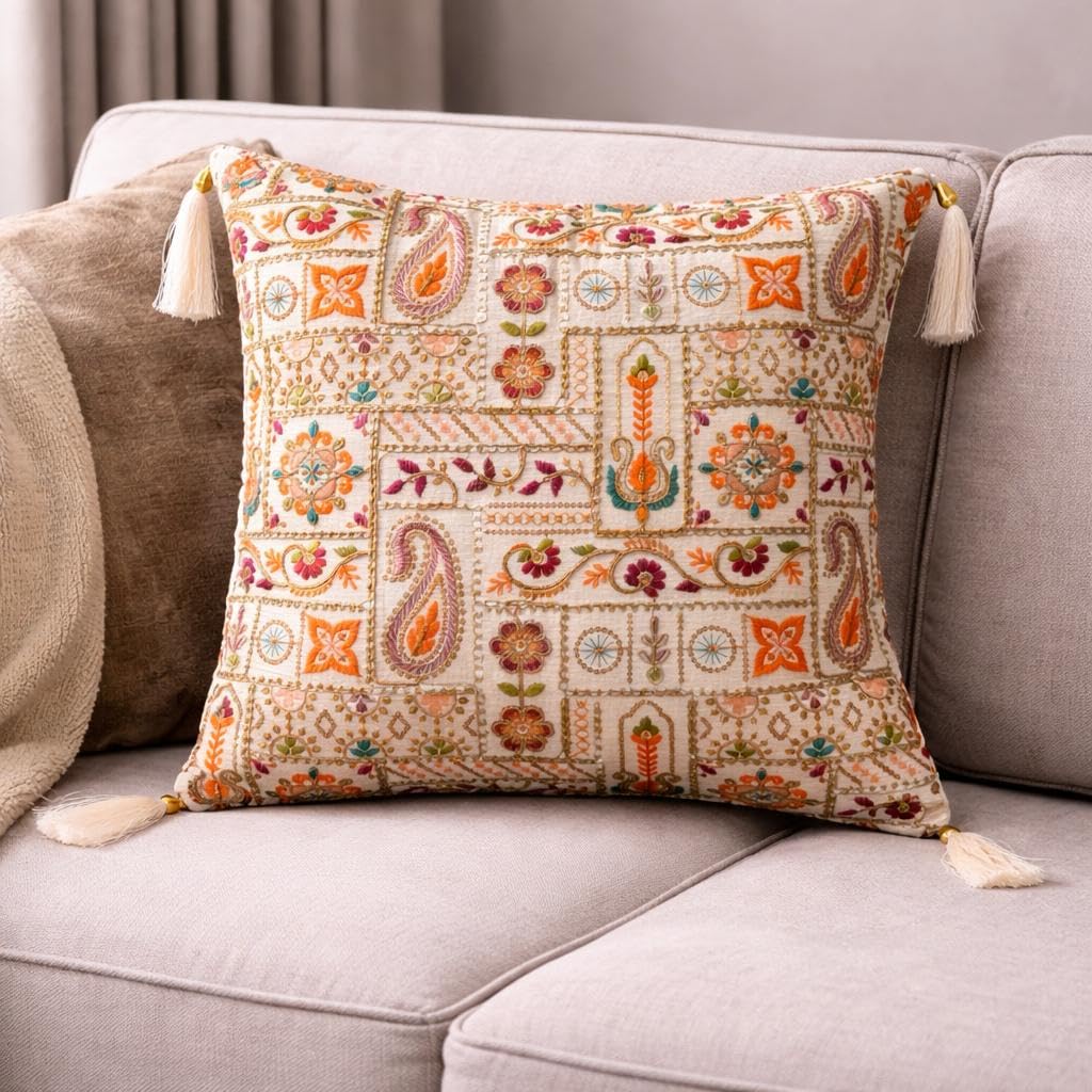 MONKDECOR Handcrafted Zari Work Cushion Cover 24x24 Inch | Ornate Gold Embroidery Decorative Pillow Cover | Ethnic Home & Sofa Accent (Pack of 5 Pcs), Design-Rajashthani Emb.-picture-21