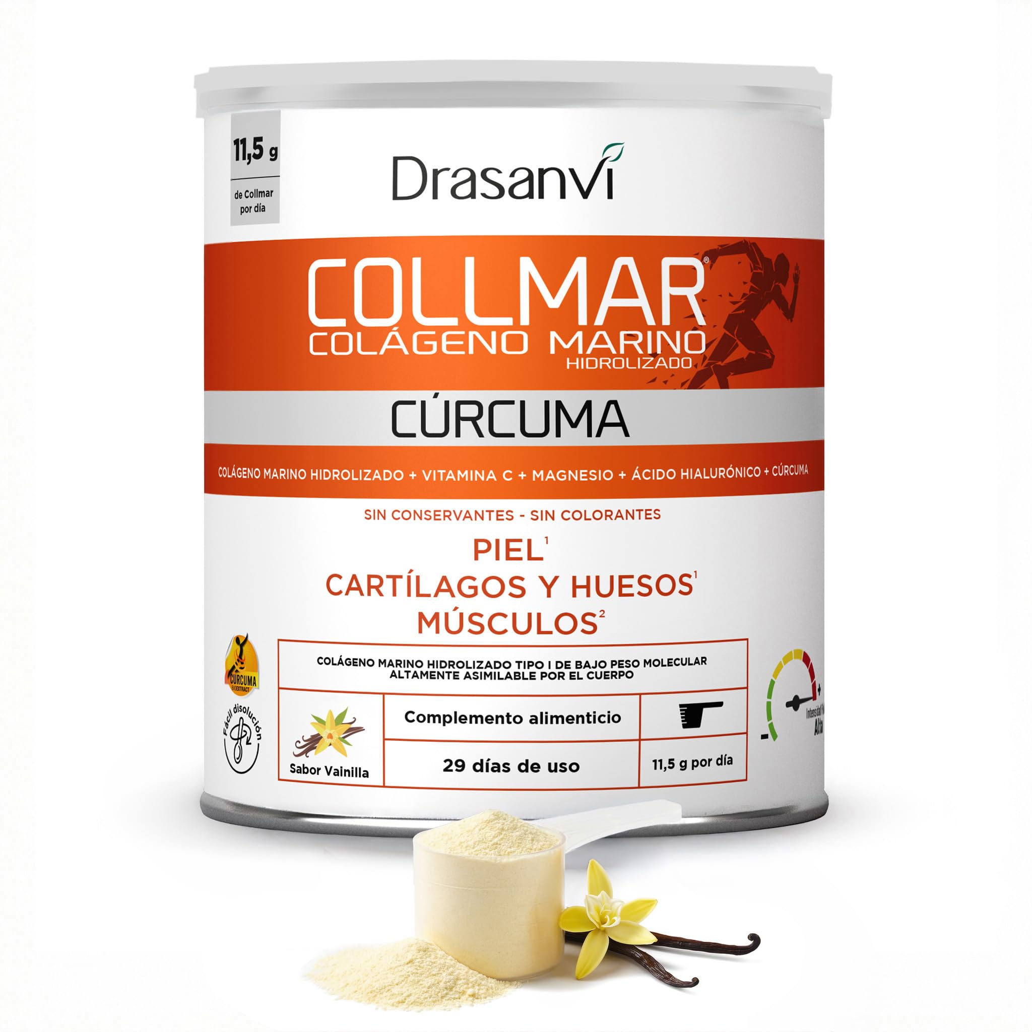 DRASANVI COLLMAR Colageno Marino Hidrolizado + Curcuma con Magnesio, Vitamina C, Ácido Hialurónico| Articulaciones y musculos | Máx. asimilación 9.595 mg/día | 340g de polvo | Collagen Sabor Vainilla