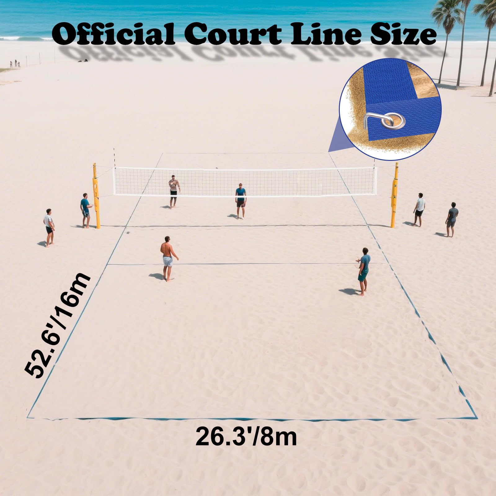 Línea de cancha de voleibol de playa, línea lateral y línea final, 16 x 8 m, voleibol de playa, tamaño oficial, juego de línea de cancha de voleibol de arena