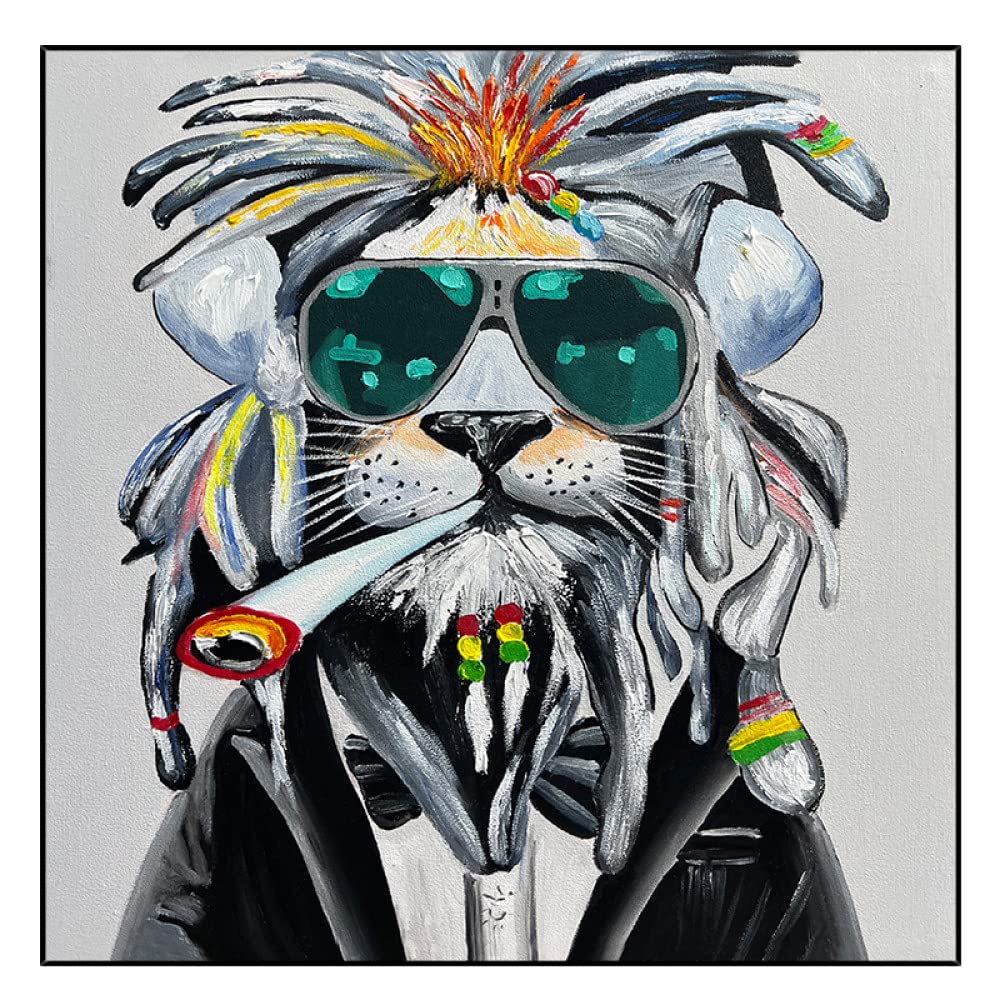 Peinture à l'huile lion rigolo art mural poétique sur grande toile sans cadre