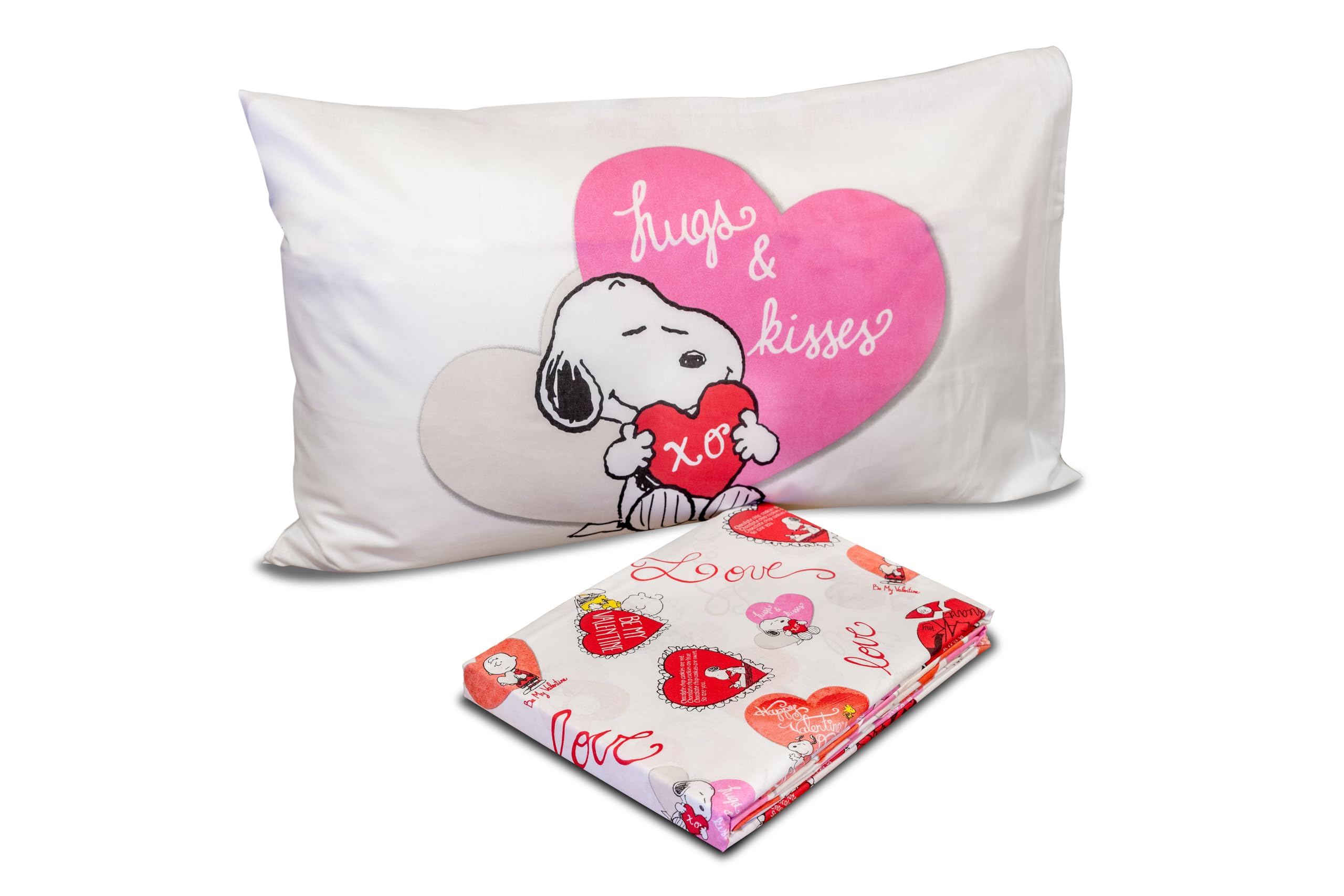hermet Peanuts, Set Lenzuolo Letto Singolo, Completo Letto Singolo, Lenzuolo Sopra, Lenzuolo Con Angoli, Federa, Cuori, 100% Cotone, Prodotto Ufficiale