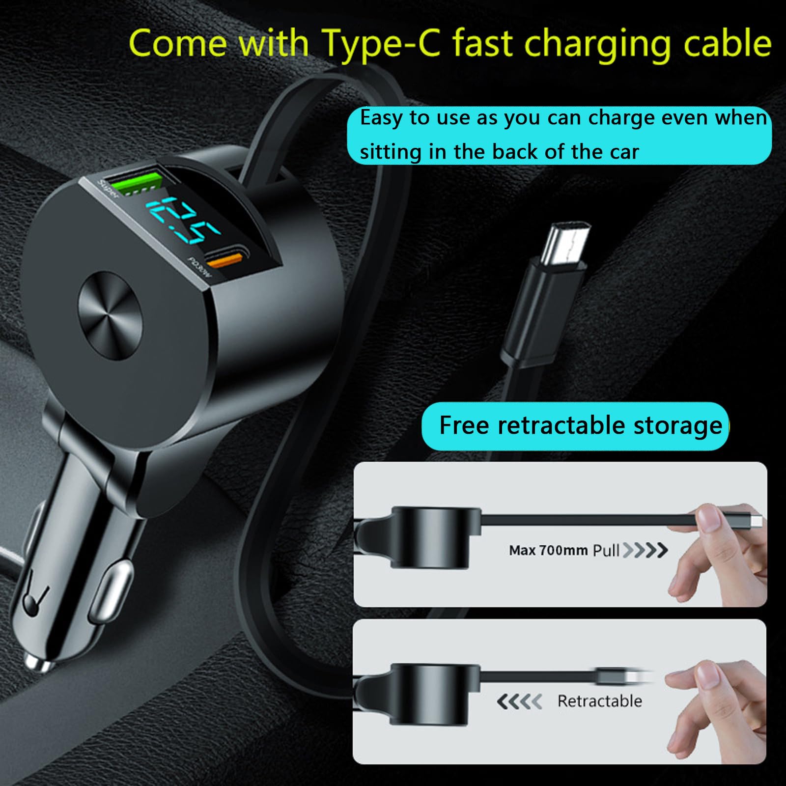 SNZ Caricatore Auto USB C 75W Retrattile, PD 3.0 Accessori Auto Interno, Adattatore accendisigari usb per auto,Gadget macchina fit iPhone 16 15 14 13 Pro Max Plus iPad Galaxy S25 S24 S23 Ultra