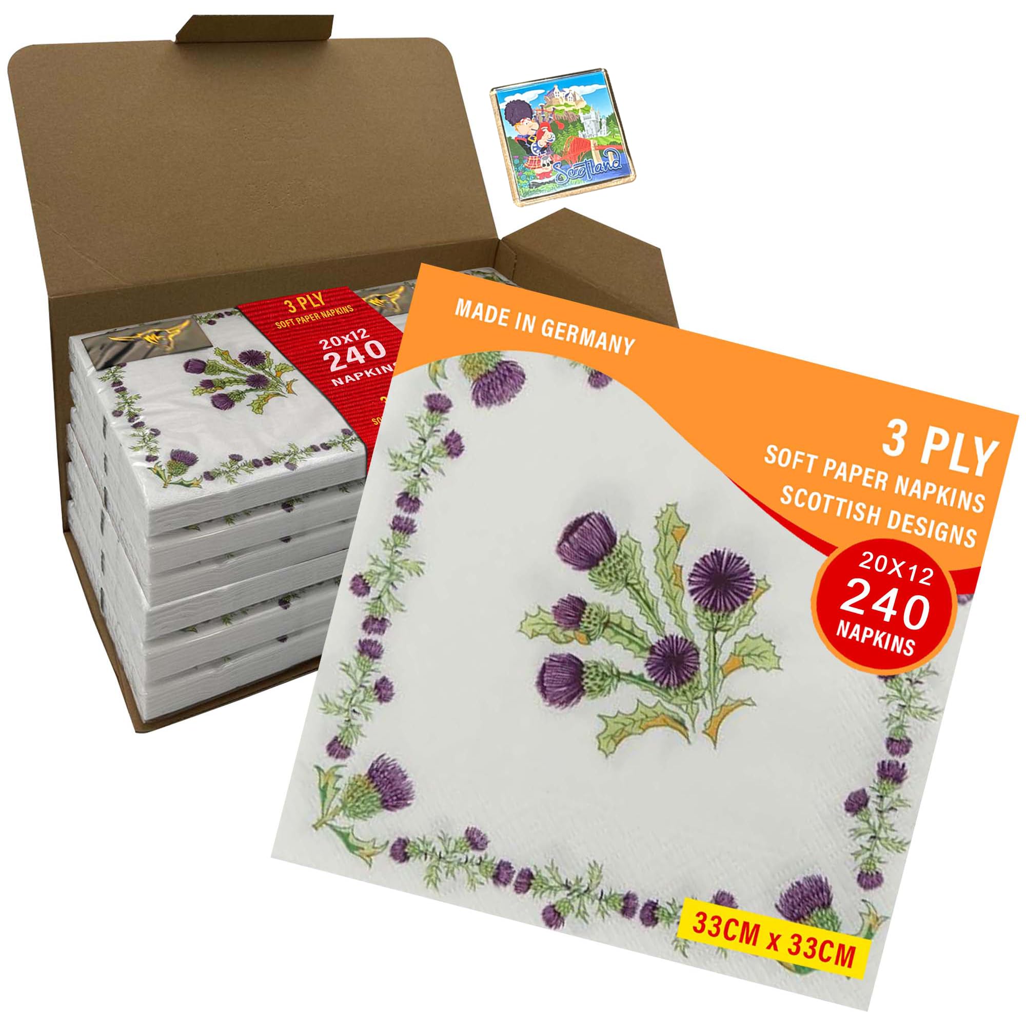 Serviettes en papier doux 3 plis, paquet de 240 unités - 33 x 33 cm - Motif écossais Chardon écossais - Idéales pour Noël, dîners, fêtes, soirées, repas de Burns, mariages écossais, traiteurs
